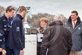 The Boat Race 2013: OUBC president Alexander Davidson and 2012 president Karl Hudspith, behind, chatting with Clare Balding, standing next to the Boat Race Trophy before the "toss for stations"..
Putney,
London SW15,

United Kingdom,
on 31 March 2013 at 14:44, image #92