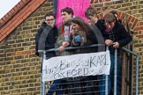 The Boat Race 2013: Westminster School Boat Club at Putney Embankment, the "home" of te Oxford team during Tideway Week, with birthday wishes for the Oxford No. 6, Karl Hudspith, 2013 Boat Race day being his 25th birthday, and Oxford students gathered on the small balcony..
Putney,
London SW15,

United Kingdom,
on 31 March 2013 at 15:38, image #145
