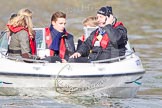 The Boat Race 2013: Clare Balding interviewing rowing champion Pete Reed (centre) on board of a boat. In front of them  rowing champion Anna Watkins and BBC floor manager Chris White..
Putney,
London SW15,

United Kingdom,
on 31 March 2013 at 16:18, image #236
