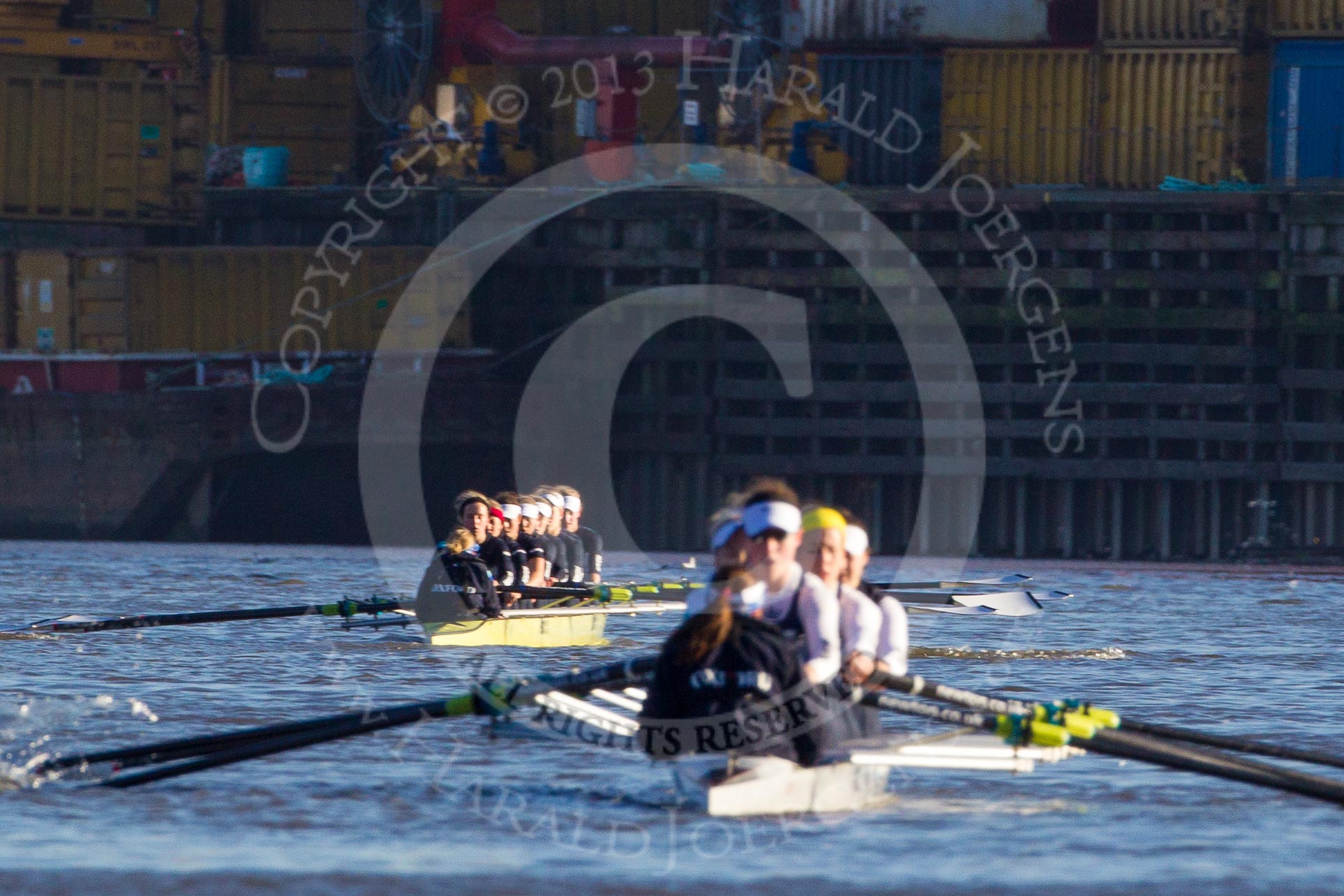 The Boat Race season 2014 - Women's Trial VIIIs (OUWBC, Oxford): The two OUWBC boats - Boudicca, yellow, in focus..
River Thames between Putney Bridge and Mortlake,
London SW15,

United Kingdom,
on 19 December 2013 at 12:23, image #3