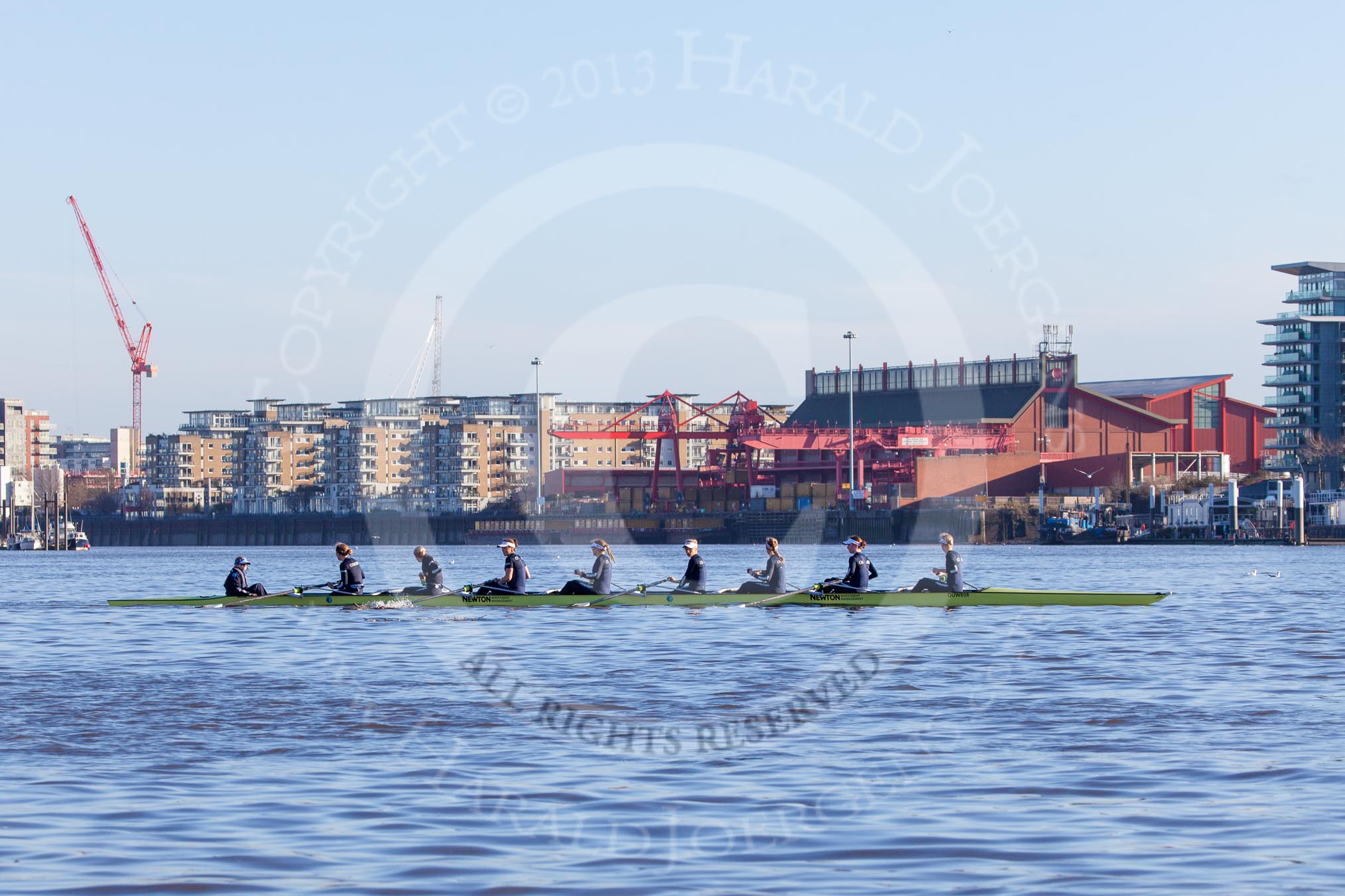 The Boat Race season 2014 - Women's Trial VIIIs (OUWBC, Oxford): The OUWBC boat Boudicca before the race..
River Thames between Putney Bridge and Mortlake,
London SW15,

United Kingdom,
on 19 December 2013 at 12:29, image #6