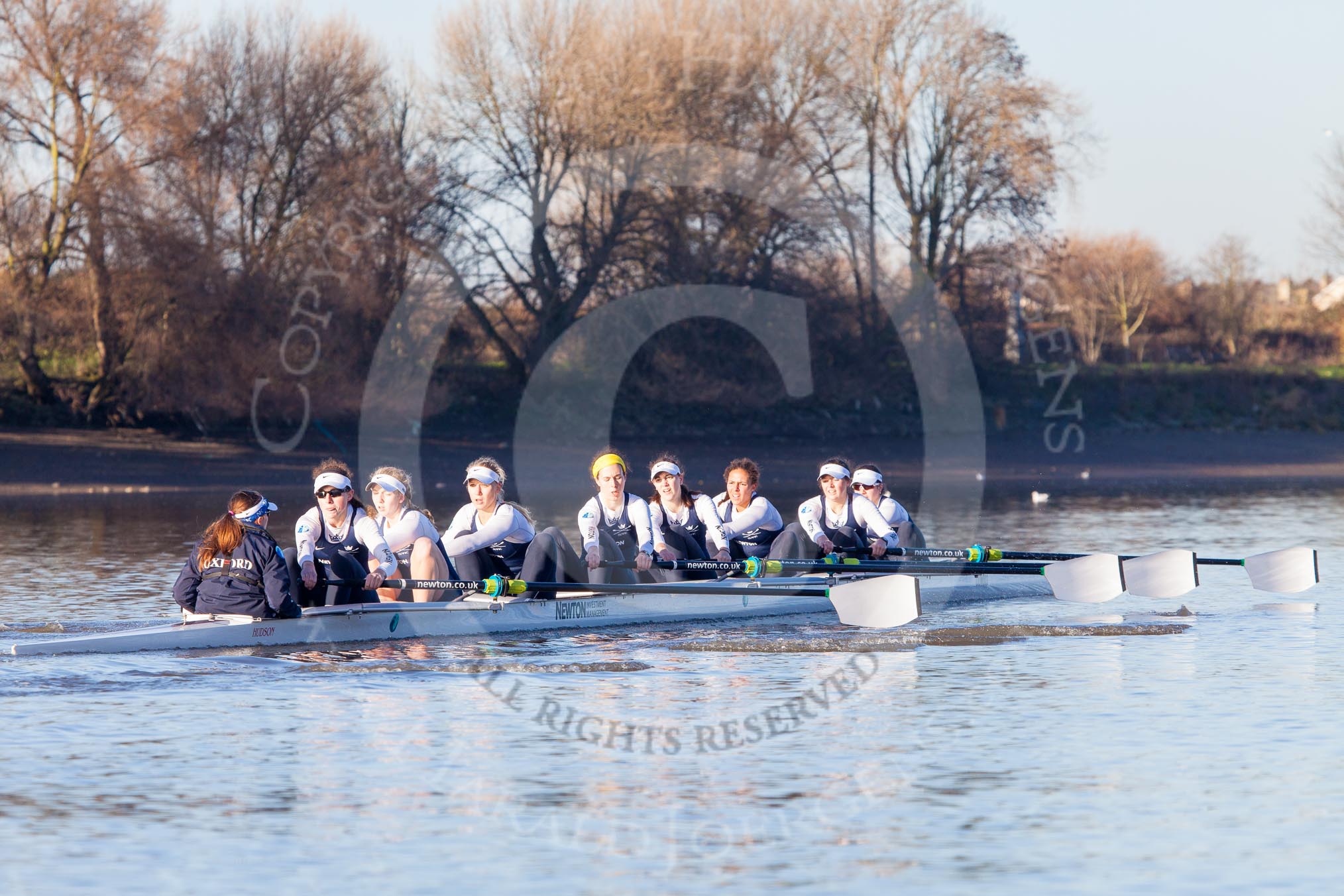 The Boat Race season 2014 - Women's Trial VIIIs (OUWBC, Oxford): Cleopatra: Cox Olivia Cleary, Stroke Laura Savarese, 7 Amber de Vere, 6 Elo Luik, 5 Harriet Keane, 4 Hannah Ledbury, 3 Isabelle Evans, 2 Chloe Farrar., Bow Elizabeth Fenje..
River Thames between Putney Bridge and Mortlake,
London SW15,

United Kingdom,
on 19 December 2013 at 12:45, image #83