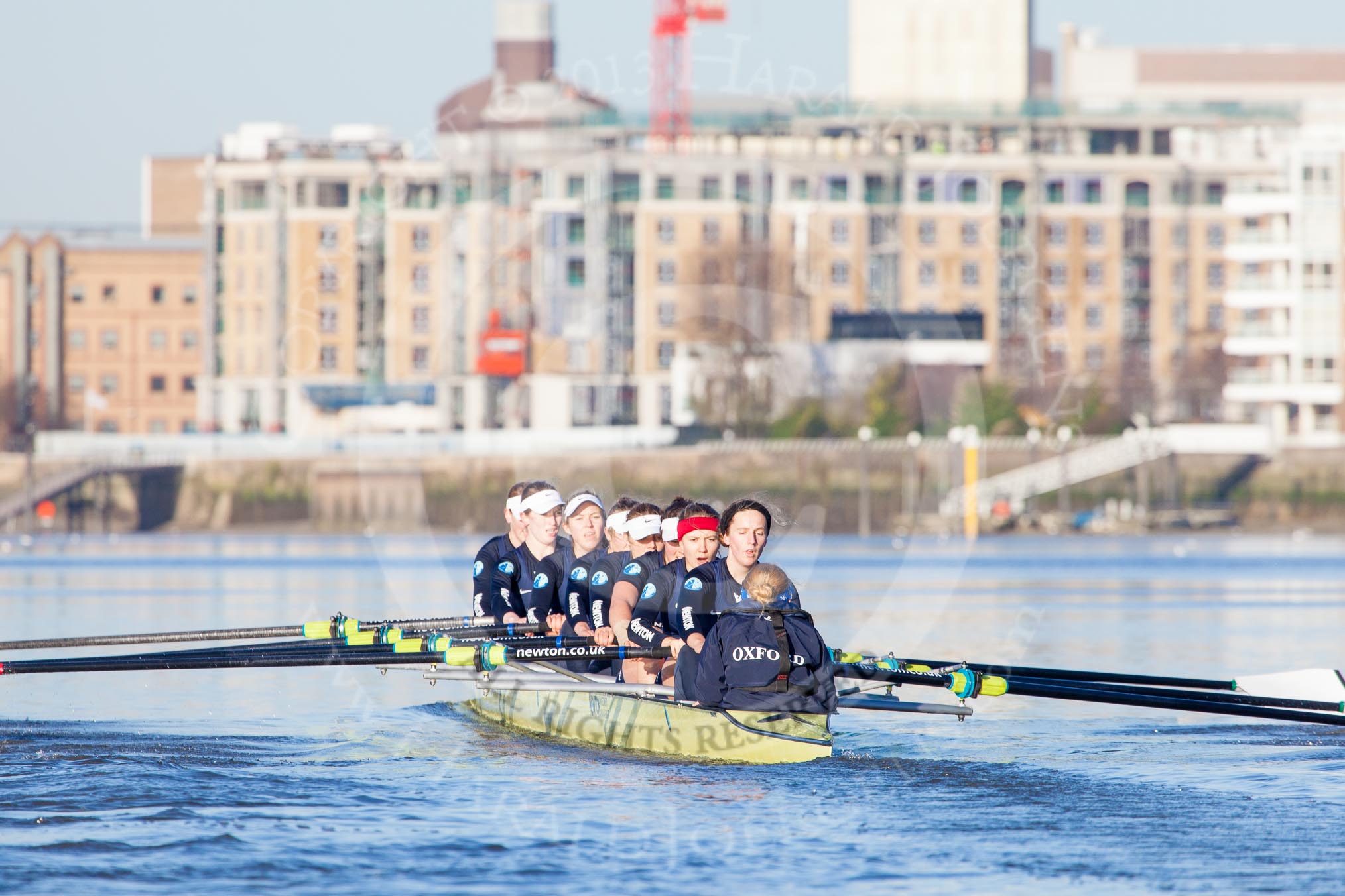 The Boat Race season 2014 - Women's Trial VIIIs (OUWBC, Oxford): Boudicca: Cox Erin Wysocki-Jones, Stroke Anastasia Chitty, 7 Maxie Scheske, 6 Lauren Kedar, 5 Nadine Graedel Iberg, 4 Hannah Roberts, 3 Clare Jamison, 2 Dora Amos, Bow Merel Lefferts..
River Thames between Putney Bridge and Mortlake,
London SW15,

United Kingdom,
on 19 December 2013 at 12:45, image #85