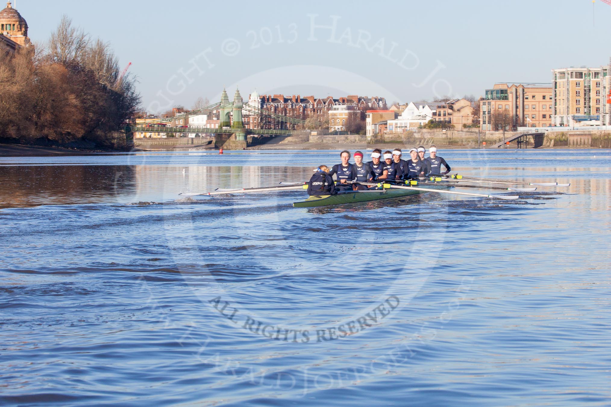 The Boat Race season 2014 - Women's Trial VIIIs (OUWBC, Oxford): Boudicca: Cox Erin Wysocki-Jones, Stroke Anastasia Chitty, 7 Maxie Scheske, 6 Lauren Kedar, 5 Nadine Graedel Iberg, 4 Hannah Roberts, 3 Clare Jamison, 2 Dora Amos, Bow Merel Lefferts..
River Thames between Putney Bridge and Mortlake,
London SW15,

United Kingdom,
on 19 December 2013 at 12:47, image #90