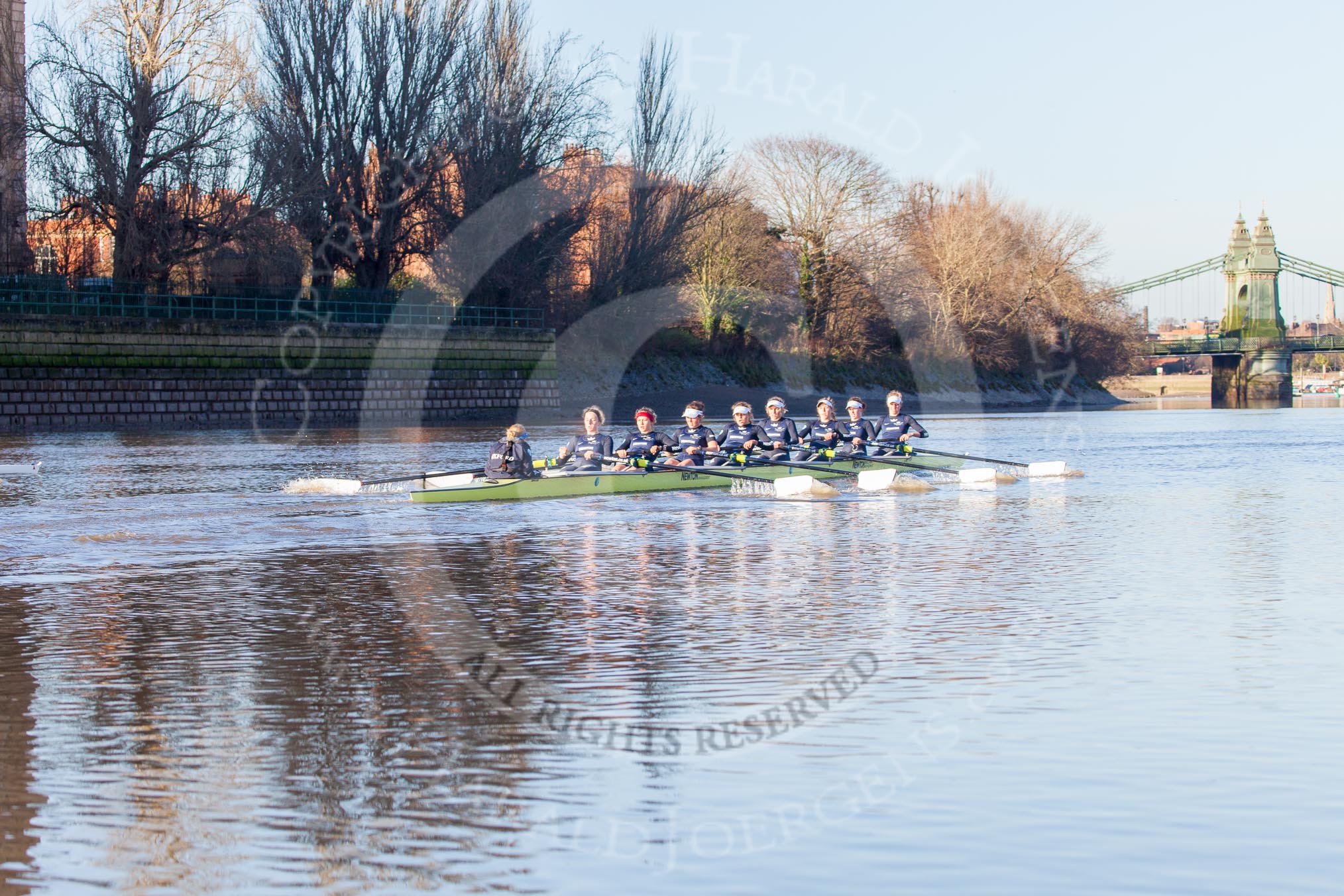 The Boat Race season 2014 - Women's Trial VIIIs (OUWBC, Oxford): Boudicca: Cox Erin Wysocki-Jones, Stroke Anastasia Chitty, 7 Maxie Scheske, 6 Lauren Kedar, 5 Nadine Graedel Iberg, 4 Hannah Roberts, 3 Clare Jamison, 2 Dora Amos, Bow Merel Lefferts..
River Thames between Putney Bridge and Mortlake,
London SW15,

United Kingdom,
on 19 December 2013 at 12:48, image #109