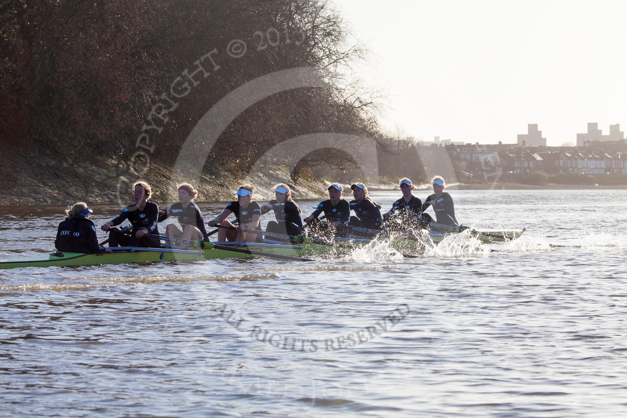 The Boat Race season 2014 - Women's Trial VIIIs (OUWBC, Oxford): Boudicca: Cox Erin Wysocki-Jones, Stroke Anastasia Chitty, 7 Maxie Scheske, 6 Lauren Kedar, 5 Nadine Graedel Iberg, 4 Hannah Roberts, 3 Clare Jamison, 2 Dora Amos, Bow Merel Lefferts..
River Thames between Putney Bridge and Mortlake,
London SW15,

United Kingdom,
on 19 December 2013 at 12:56, image #160