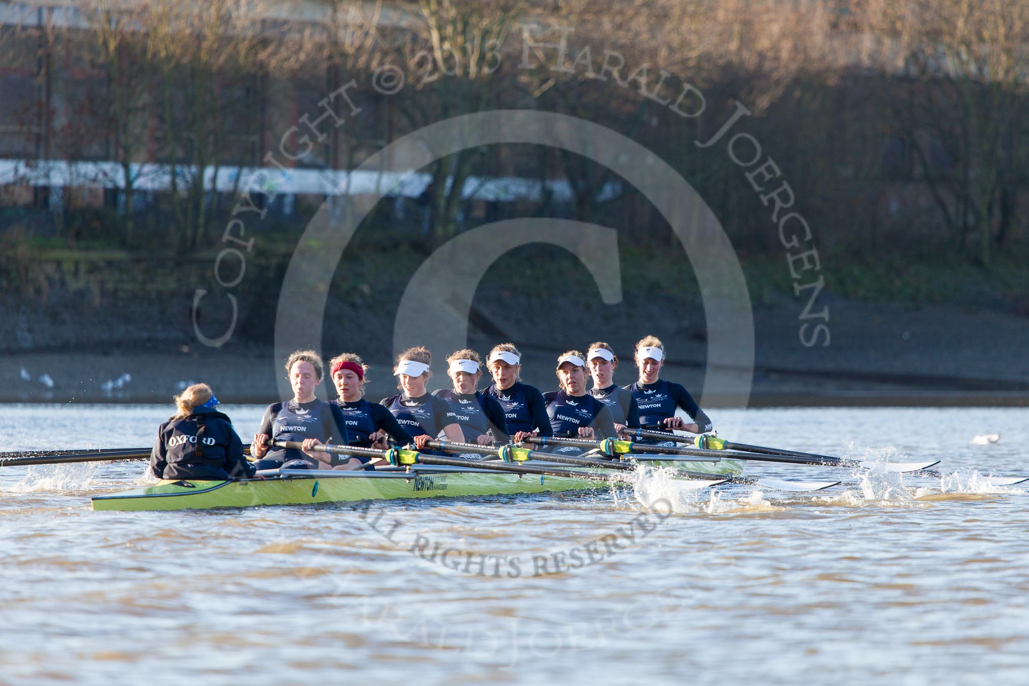 The Boat Race season 2014 - Women's Trial VIIIs (OUWBC, Oxford): Boudicca: Cox Erin Wysocki-Jones, Stroke Anastasia Chitty, 7 Maxie Scheske, 6 Lauren Kedar, 5 Nadine Graedel Iberg, 4 Hannah Roberts, 3 Clare Jamison, 2 Dora Amos, Bow Merel Lefferts..
River Thames between Putney Bridge and Mortlake,
London SW15,

United Kingdom,
on 19 December 2013 at 13:02, image #222