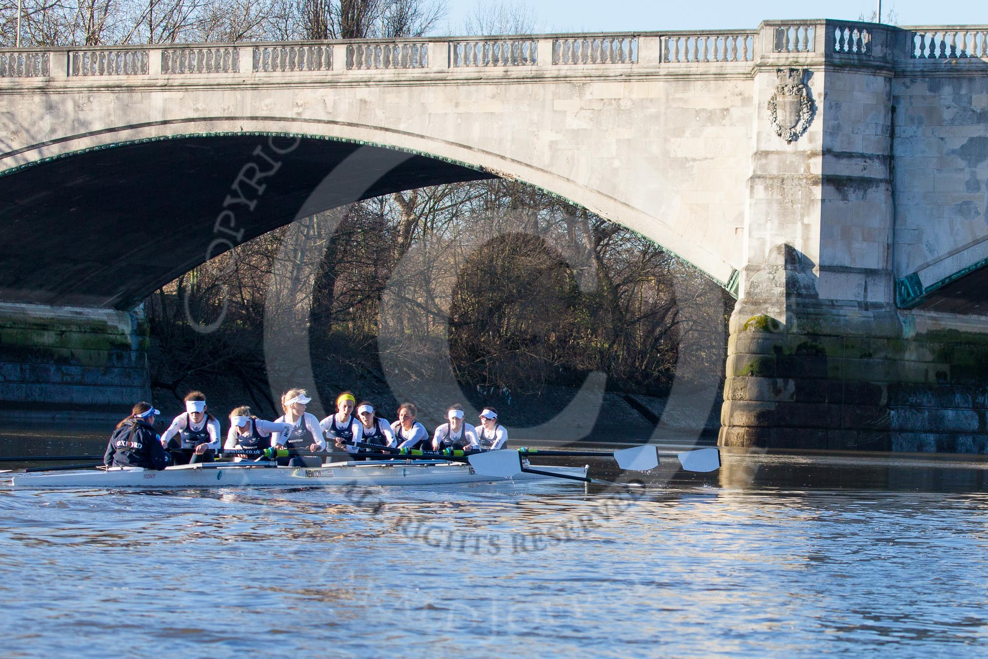 The Boat Race season 2014 - Women's Trial VIIIs (OUWBC, Oxford): Cleopatra: Cox Olivia Cleary, Stroke Laura Savarese, 7 Amber de Vere, 6 Elo Luik, 5 Harriet Keane, 4 Hannah Ledbury, 3 Isabelle Evans, 2 Chloe Farrar, Bow Elizabeth Fenje..
River Thames between Putney Bridge and Mortlake,
London SW15,

United Kingdom,
on 19 December 2013 at 13:04, image #246