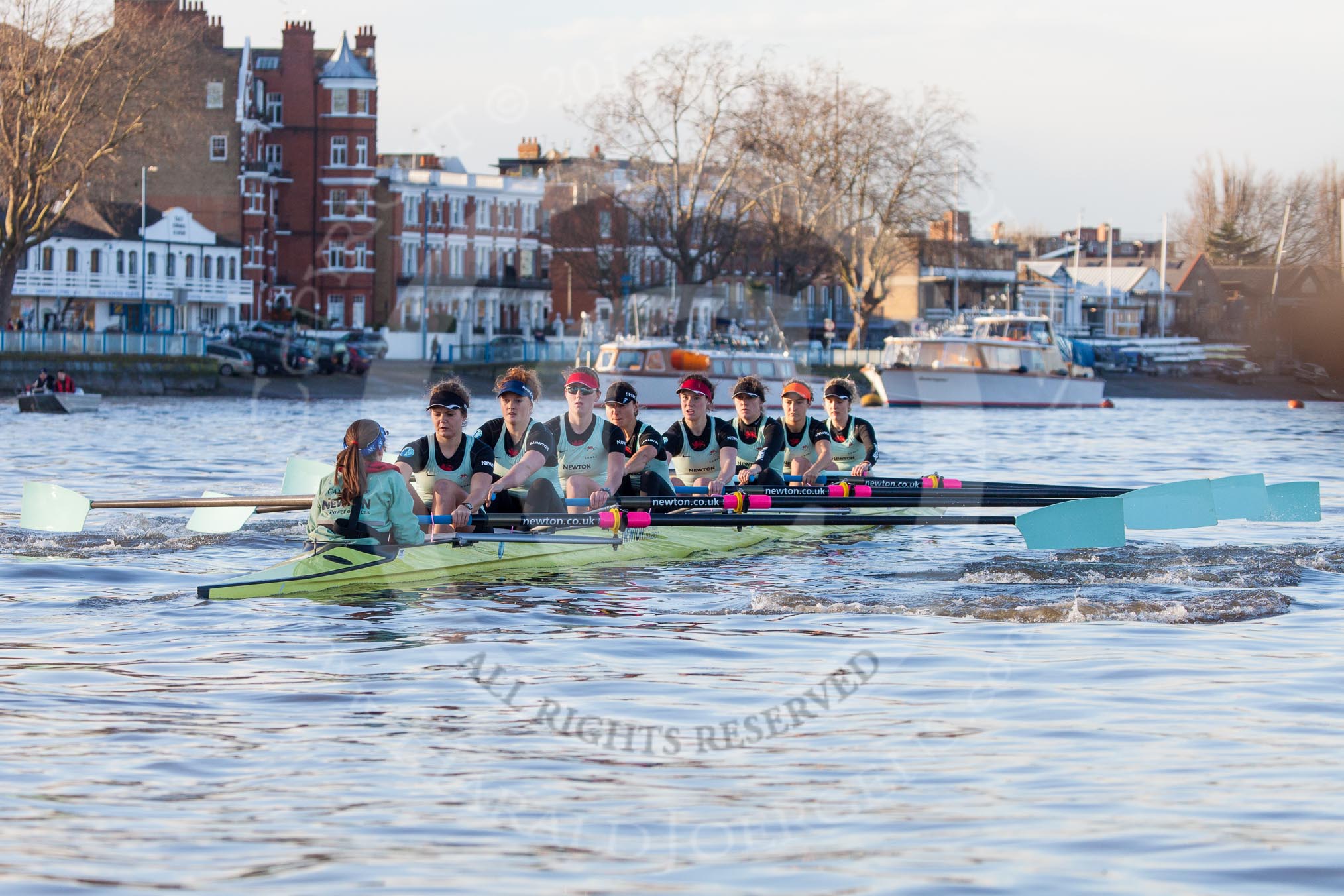 The Boat Race season 2014 - Women's Trial VIIIs(CUWBC, Cambridge): Nudge Nudge: Cox Esther Momcilovic, Stroke Holly Game,7 Izzy Vyvyan, 6 Kate Ashley, 5 Valentina Futoryanova, 4 Catherine Foot, 3 Hannah Evans, 2 Anouska Bartlett, Bow Lottie Meggitt..
River Thames between Putney Bridge and Mortlake,
London SW15,

United Kingdom,
on 19 December 2013 at 14:02, image #304