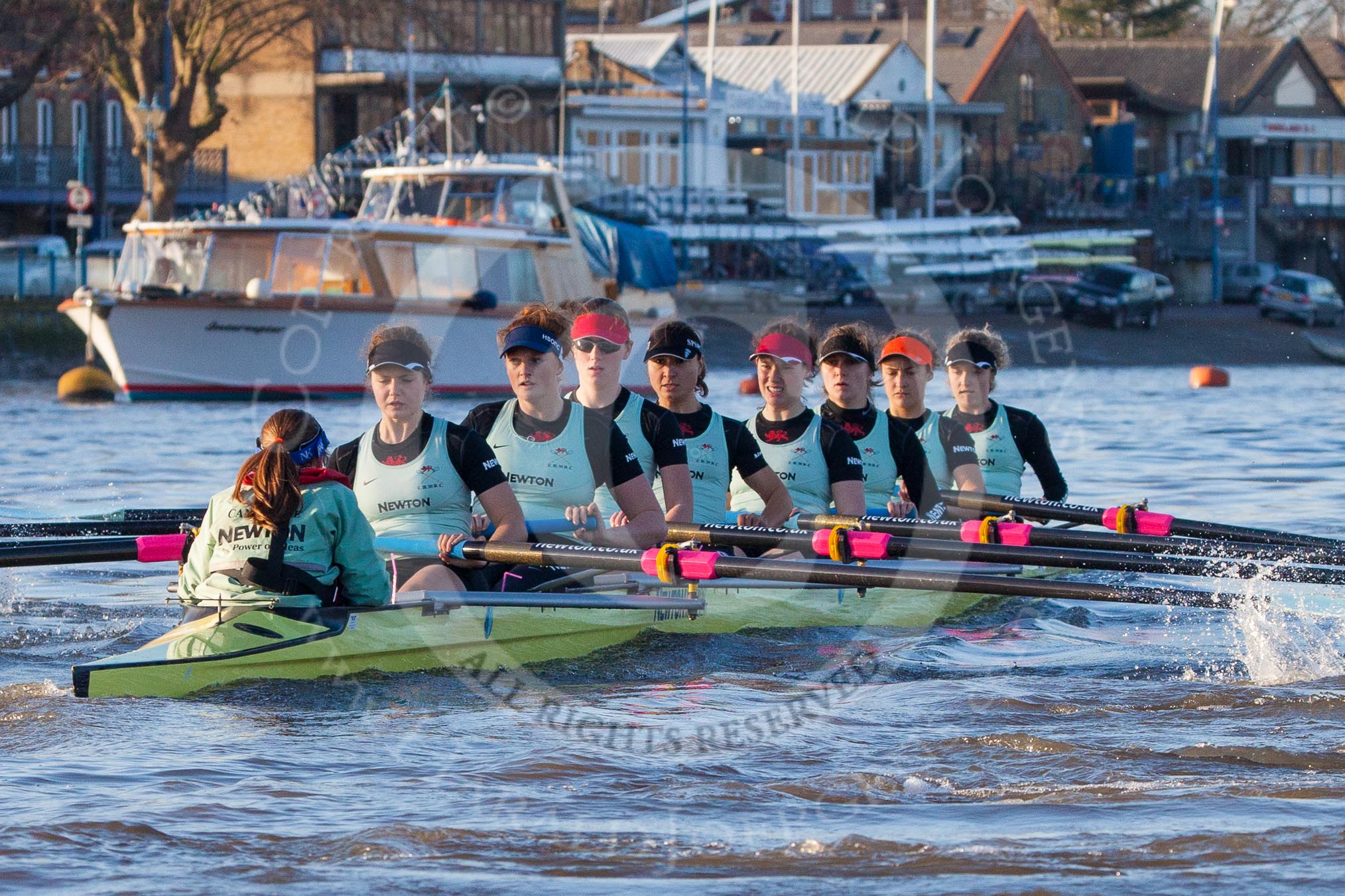 The Boat Race season 2014 - Women's Trial VIIIs(CUWBC, Cambridge): Nudge Nudge: Cox Esther Momcilovic, Stroke Holly Game,7 Izzy Vyvyan, 6 Kate Ashley, 5 Valentina Futoryanova, 4 Catherine Foot, 3 Hannah Evans, 2 Anouska Bartlett, Bow Lottie Meggitt..
River Thames between Putney Bridge and Mortlake,
London SW15,

United Kingdom,
on 19 December 2013 at 14:02, image #305