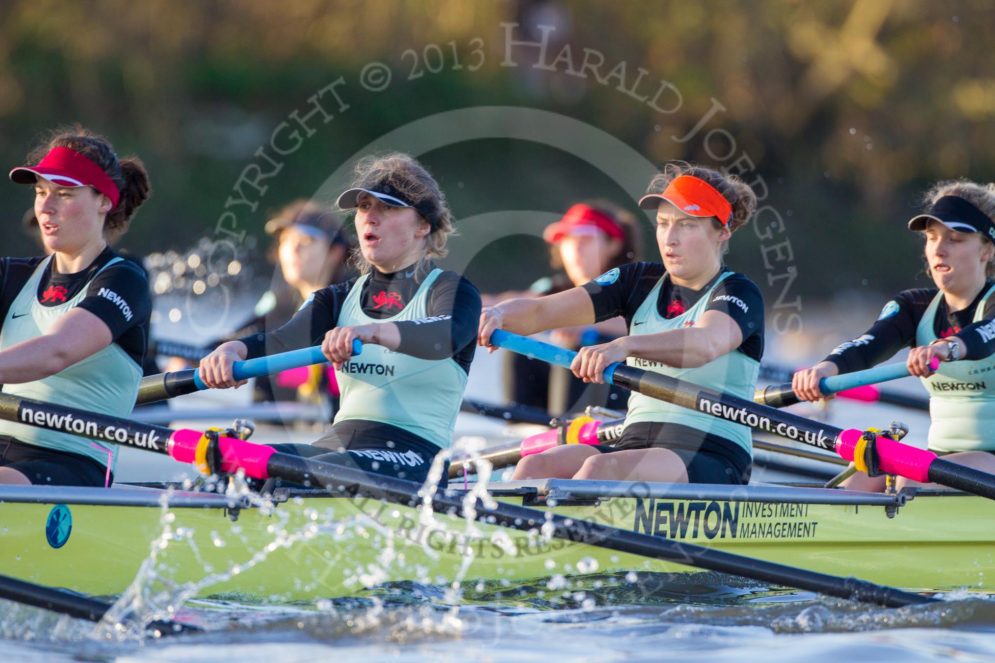 The Boat Race season 2014 - Women's Trial VIIIs(CUWBC, Cambridge): Nudge Nudge: 4 Catherine Foot, 3 Hannah Evans, 2 Anouska Bartlett, Bow Lottie Meggitt..
River Thames between Putney Bridge and Mortlake,
London SW15,

United Kingdom,
on 19 December 2013 at 14:04, image #352