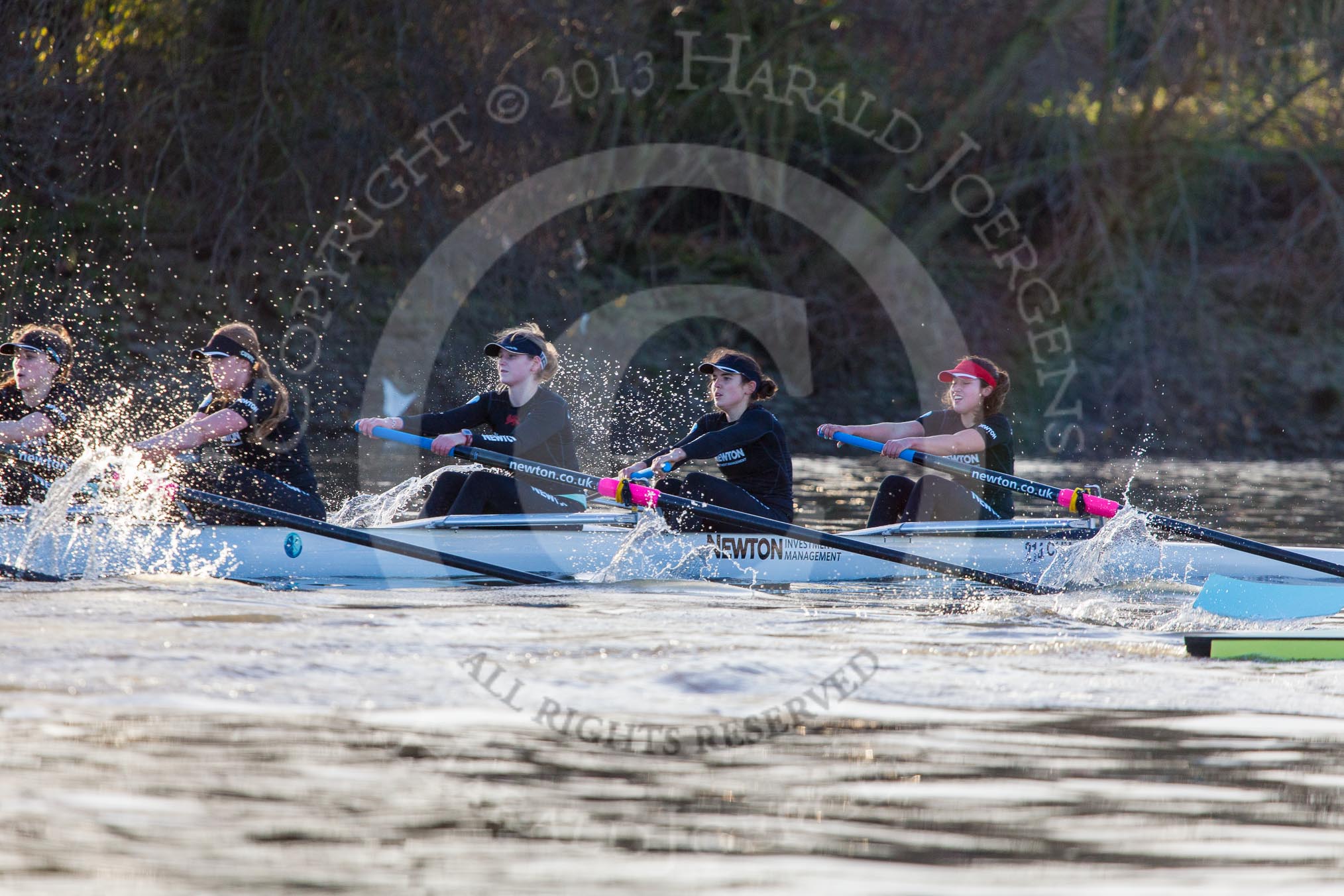 The Boat Race season 2014 - Women's Trial VIIIs(CUWBC, Cambridge): Wink Wink: 5 Caroline Reid, 4 Sara Lackner, 3 Hannah Roberts, 2 Sarah Crowther, Bow Ella Barnard..
River Thames between Putney Bridge and Mortlake,
London SW15,

United Kingdom,
on 19 December 2013 at 14:11, image #411