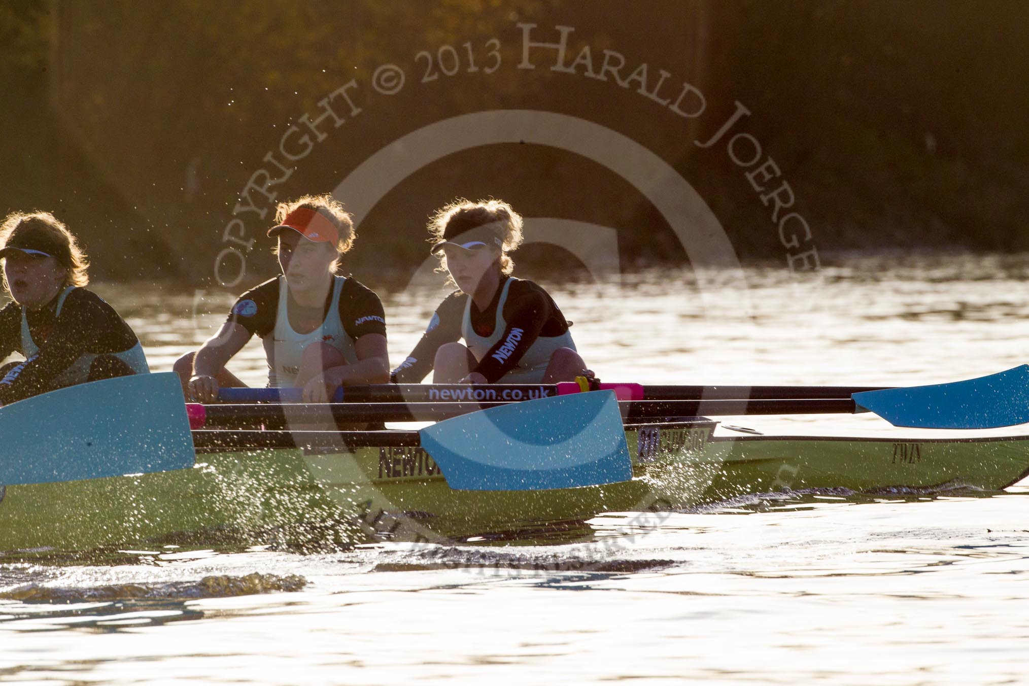 The Boat Race season 2014 - Women's Trial VIIIs(CUWBC, Cambridge): Nudge Nudge: 3 Hannah Evans, 2 Anouska Bartlett, Bow Lottie Meggitt..
River Thames between Putney Bridge and Mortlake,
London SW15,

United Kingdom,
on 19 December 2013 at 14:12, image #416