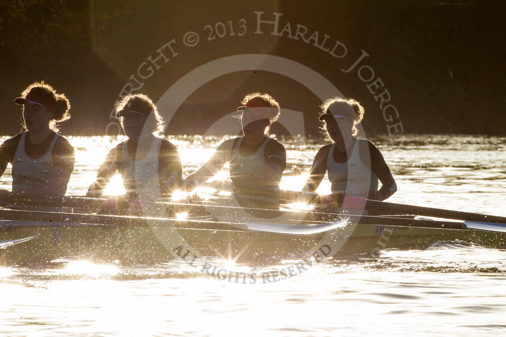 The Boat Race season 2014 - Women's Trial VIIIs(CUWBC, Cambridge): Nudge Nudge: 4 Catherine Foot, 3 Hannah Evans, 2 Anouska Bartlett, Bow Lottie Meggitt..
River Thames between Putney Bridge and Mortlake,
London SW15,

United Kingdom,
on 19 December 2013 at 14:12, image #419