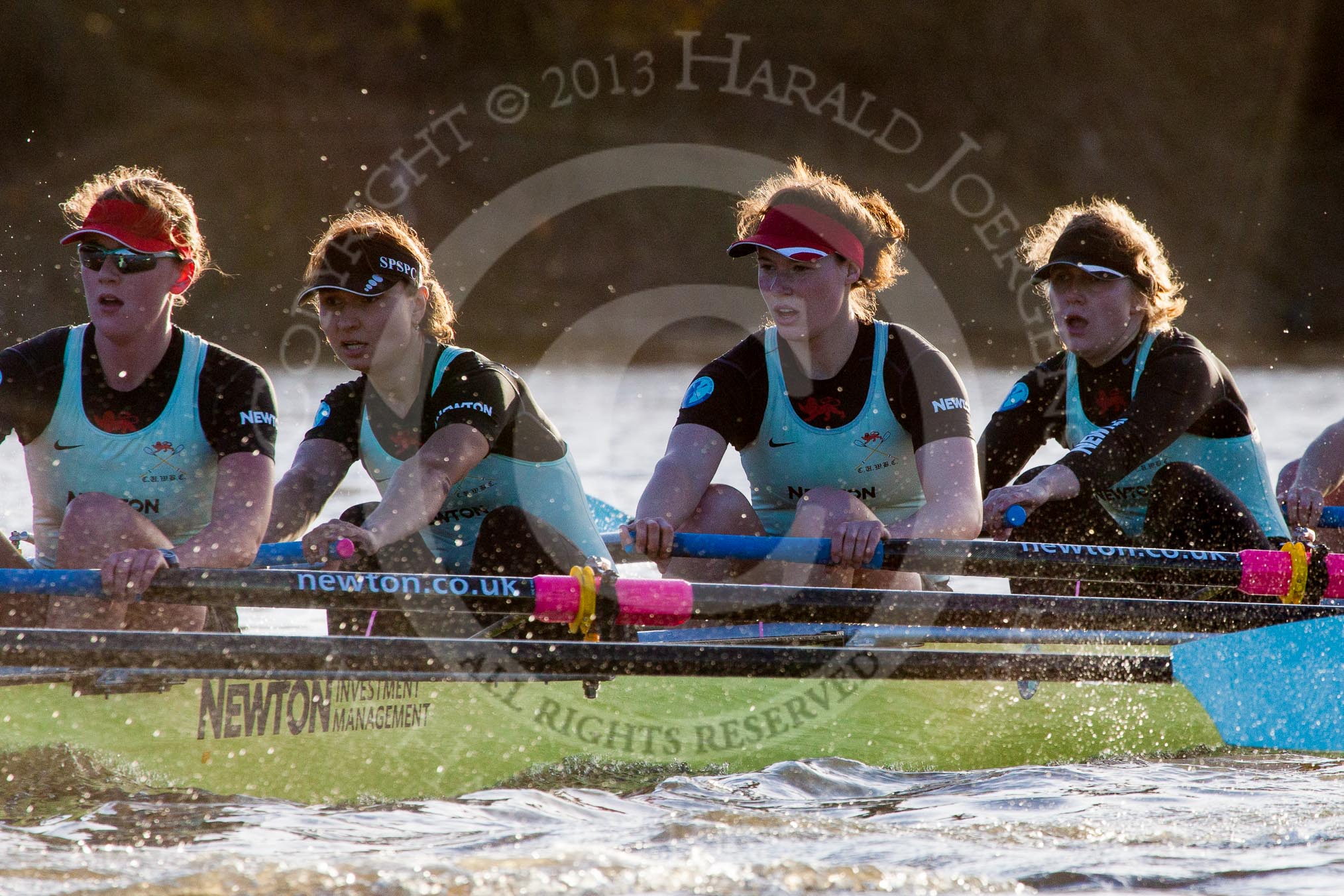 The Boat Race season 2014 - Women's Trial VIIIs(CUWBC, Cambridge): Nudge Nudge:  6 Kate Ashley, 5 Valentina Futoryanova, 4 Catherine Foot, 3 Hannah Evans..
River Thames between Putney Bridge and Mortlake,
London SW15,

United Kingdom,
on 19 December 2013 at 14:14, image #442