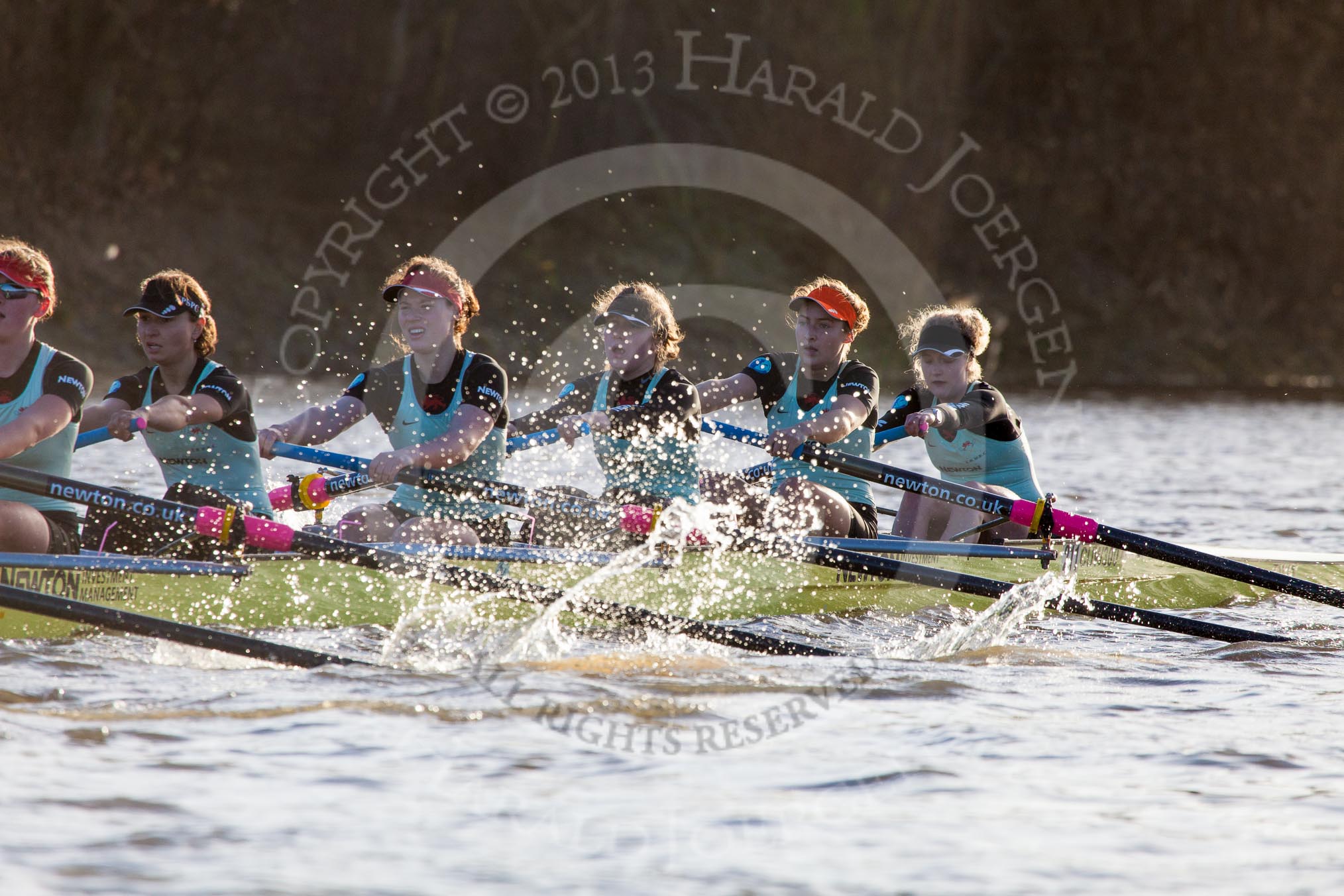 The Boat Race season 2014 - Women's Trial VIIIs(CUWBC, Cambridge): Nudge Nudge: 5 Valentina Futoryanova, 4 Catherine Foot, 3 Hannah Evans, 2 Anouska Bartlett, Bow Lottie Meggitt..
River Thames between Putney Bridge and Mortlake,
London SW15,

United Kingdom,
on 19 December 2013 at 14:14, image #444