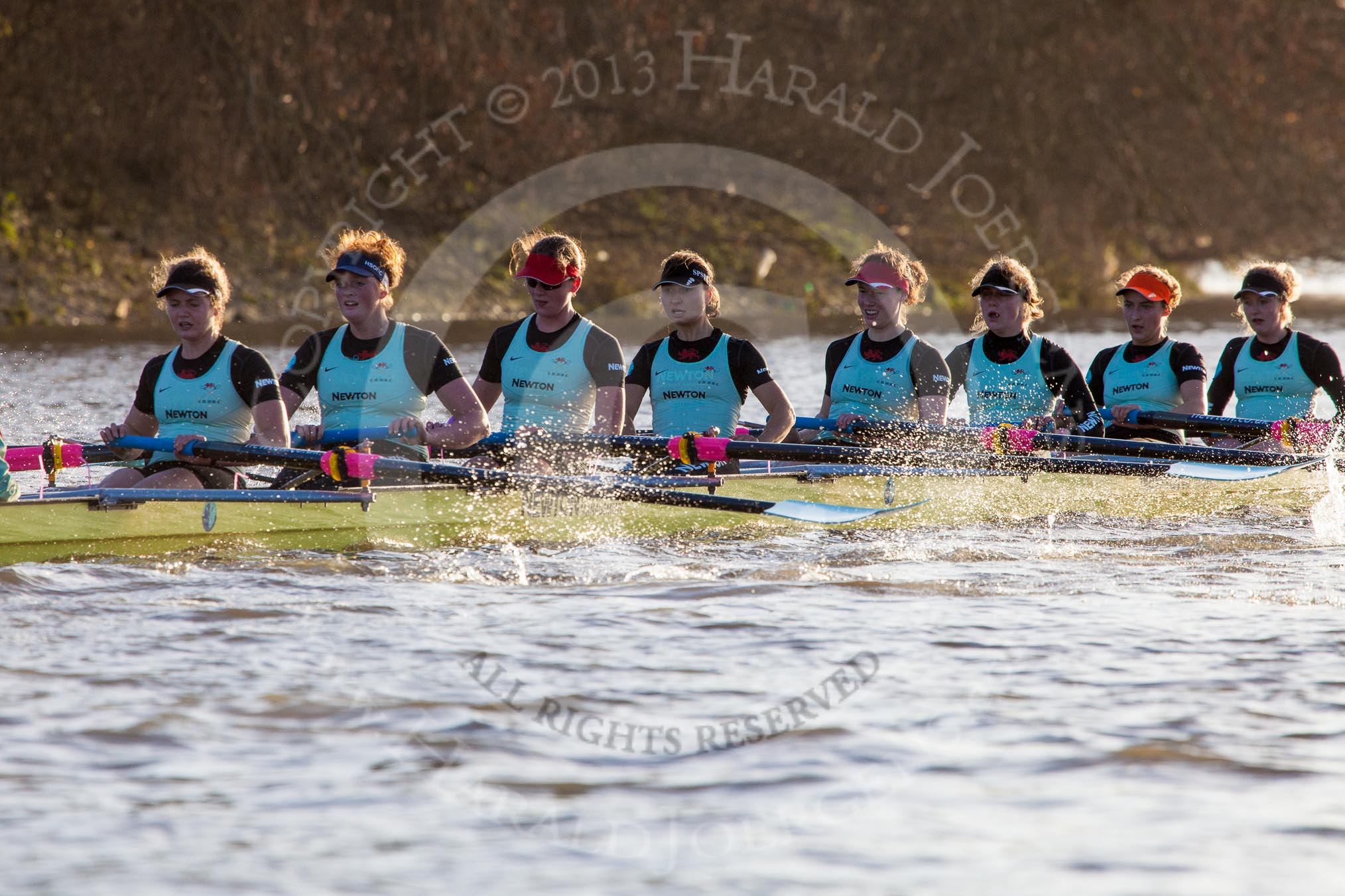 The Boat Race season 2014 - Women's Trial VIIIs(CUWBC, Cambridge): Nudge Nudge: Stroke Holly Game,7 Izzy Vyvyan, 6 Kate Ashley, 5 Valentina Futoryanova, 4 Catherine Foot, 3 Hannah Evans, 2 Anouska Bartlett, Bow Lottie Meggitt..
River Thames between Putney Bridge and Mortlake,
London SW15,

United Kingdom,
on 19 December 2013 at 14:15, image #446