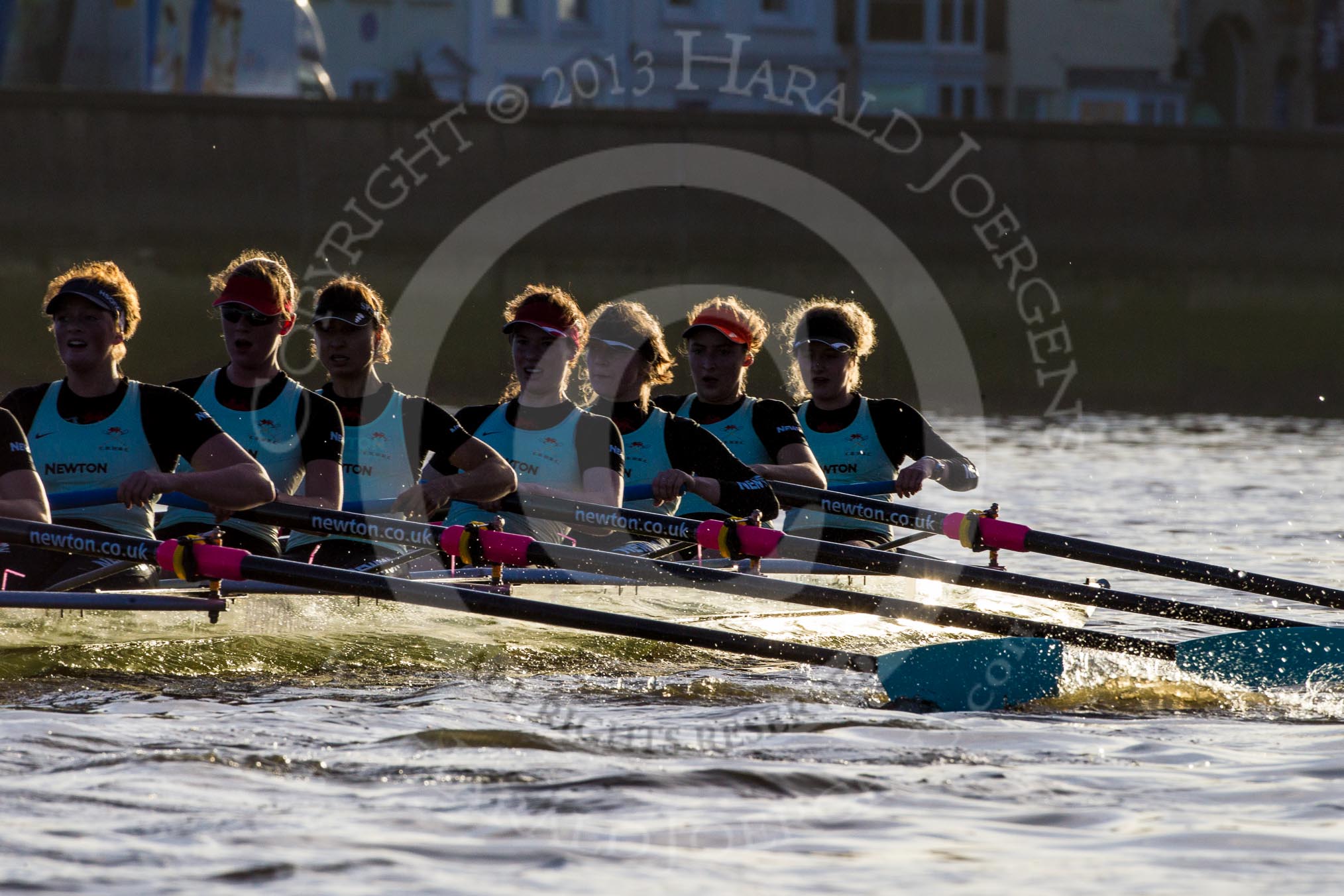 The Boat Race season 2014 - Women's Trial VIIIs(CUWBC, Cambridge): Nudge Nudge:7 Izzy Vyvyan, 6 Kate Ashley, 5 Valentina Futoryanova, 4 Catherine Foot, 3 Hannah Evans, 2 Anouska Bartlett, Bow Lottie Meggitt..
River Thames between Putney Bridge and Mortlake,
London SW15,

United Kingdom,
on 19 December 2013 at 14:18, image #479