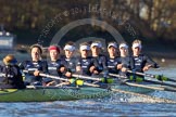The Boat Race season 2014 - Women's Trial VIIIs (OUWBC, Oxford): Boudicca: Cox Erin Wysocki-Jones, Stroke Anastasia Chitty, 7 Maxie Scheske, 6 Lauren Kedar, 5 Nadine Graedel Iberg, 4 Hannah Roberts, 3 Clare Jamison, 2 Dora Amos, Bow Merel Lefferts..
River Thames between Putney Bridge and Mortlake,
London SW15,

United Kingdom,
on 19 December 2013 at 12:43, image #72