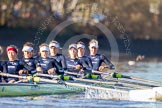The Boat Race season 2014 - Women's Trial VIIIs (OUWBC, Oxford): Boudicca:  7 Maxie Scheske, 6 Lauren Kedar, 5 Nadine Graedel Iberg, 4 Hannah Roberts, 3 Clare Jamison, 2 Dora Amos, Bow Merel Lefferts..
River Thames between Putney Bridge and Mortlake,
London SW15,

United Kingdom,
on 19 December 2013 at 12:43, image #75