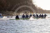 The Boat Race season 2014 - Women's Trial VIIIs (OUWBC, Oxford): Boudicca: Cox Erin Wysocki-Jones, Stroke Anastasia Chitty, 7 Maxie Scheske, 6 Lauren Kedar, 5 Nadine Graedel Iberg, 4 Hannah Roberts, 3 Clare Jamison, 2 Dora Amos, Bow Merel Lefferts..
River Thames between Putney Bridge and Mortlake,
London SW15,

United Kingdom,
on 19 December 2013 at 12:56, image #162