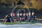 The Boat Race season 2014 - Women's Trial VIIIs (OUWBC, Oxford): Boudicca: Cox Erin Wysocki-Jones, Stroke Anastasia Chitty, 7 Maxie Scheske, 6 Lauren Kedar, 5 Nadine Graedel Iberg, 4 Hannah Roberts, 3 Clare Jamison, 2 Dora Amos, Bow Merel Lefferts..
River Thames between Putney Bridge and Mortlake,
London SW15,

United Kingdom,
on 19 December 2013 at 13:03, image #235