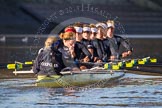 The Boat Race season 2014 - Women's Trial VIIIs (OUWBC, Oxford): Boudicca: Cox Erin Wysocki-Jones, Stroke Anastasia Chitty, 7 Maxie Scheske, 6 Lauren Kedar, 5 Nadine Graedel Iberg, 4 Hannah Roberts, 3 Clare Jamison, 2 Dora Amos, Bow Merel Lefferts..
River Thames between Putney Bridge and Mortlake,
London SW15,

United Kingdom,
on 19 December 2013 at 13:05, image #252