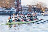 The Boat Race season 2014 - Women's Trial VIIIs(CUWBC, Cambridge): Nudge Nudge: Cox Esther Momcilovic, Stroke Holly Game,7 Izzy Vyvyan, 6 Kate Ashley, 5 Valentina Futoryanova, 4 Catherine Foot, 3 Hannah Evans, 2 Anouska Bartlett, Bow Lottie Meggitt..
River Thames between Putney Bridge and Mortlake,
London SW15,

United Kingdom,
on 19 December 2013 at 14:02, image #301