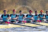The Boat Race season 2014 - Women's Trial VIIIs(CUWBC, Cambridge): Nudge Nudge: 7 Izzy Vyvyan, 6 Kate Ashley, 5 Valentina Futoryanova, 4 Catherine Foot, 3 Hannah Evans, 2 Anouska Bartlett, Bow Lottie Meggitt..
River Thames between Putney Bridge and Mortlake,
London SW15,

United Kingdom,
on 19 December 2013 at 14:16, image #456