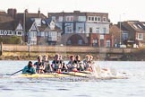 The Boat Race season 2014 - Women's Trial VIIIs(CUWBC, Cambridge): Nudge Nudge: Cox Esther Momcilovic, Stroke Holly Game,7 Izzy Vyvyan, 6 Kate Ashley, 5 Valentina Futoryanova, 4 Catherine Foot, 3 Hannah Evans, 2 Anouska Bartlett, Bow Lottie Meggitt..
River Thames between Putney Bridge and Mortlake,
London SW15,

United Kingdom,
on 19 December 2013 at 14:17, image #466