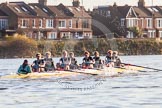 The Boat Race season 2014 - Women's Trial VIIIs(CUWBC, Cambridge): Nudge Nudge: Cox Esther Momcilovic, Stroke Holly Game,7 Izzy Vyvyan, 6 Kate Ashley, 5 Valentina Futoryanova, 4 Catherine Foot, 3 Hannah Evans, 2 Anouska Bartlett, Bow Lottie Meggitt..
River Thames between Putney Bridge and Mortlake,
London SW15,

United Kingdom,
on 19 December 2013 at 14:17, image #468