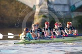 The Boat Race season 2014 - Women's Trial VIIIs(CUWBC, Cambridge): Nudge Nudge: Cox Esther Momcilovic, Stroke Holly Game,7 Izzy Vyvyan, 6 Kate Ashley, 5 Valentina Futoryanova, 4 Catherine Foot, 3 Hannah Evans, 2 Anouska Bartlett, Bow Lottie Meggitt..
River Thames between Putney Bridge and Mortlake,
London SW15,

United Kingdom,
on 19 December 2013 at 14:23, image #526