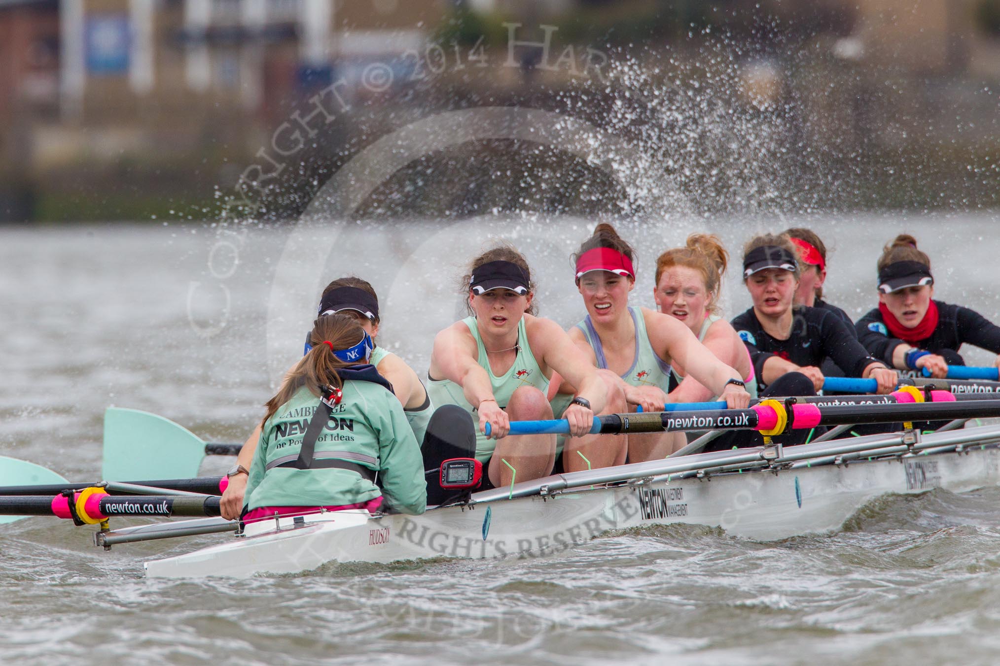 The Boat Race season 2014 - fixture CUWBC vs Thames RC: The Cambridge boat in choppy waters - cox Esther Momcilovic, stroke Emily Day, 7 Claire Watkins, 6 Melissa Wilson, 5 Catherine Foot, 4 Izzy Vyvyan, 3 Holly Game, 2 Kate Ashley, bow Caroline Reid..




on 02 March 2014 at 13:15, image #105