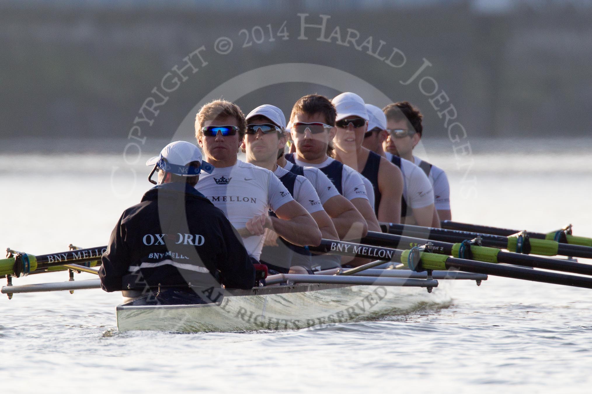 The Boat Race season 2014 - fixture OUBC vs German U23: The OUBC boat waiting under Putney Bridge: Cox Laurence Harvey, stroke Constantine Louloudis, 7 Sam O’Connor, 6 Michael Di Santo, 5 Malcolm Howard, 4 Thomas Swartz, 3 Karl Hudspith, 2 Chris Fairweather, bow Storm Uru..
River Thames between Putney Bridge and Chiswick Bridge,



on 08 March 2014 at 16:42, image #20