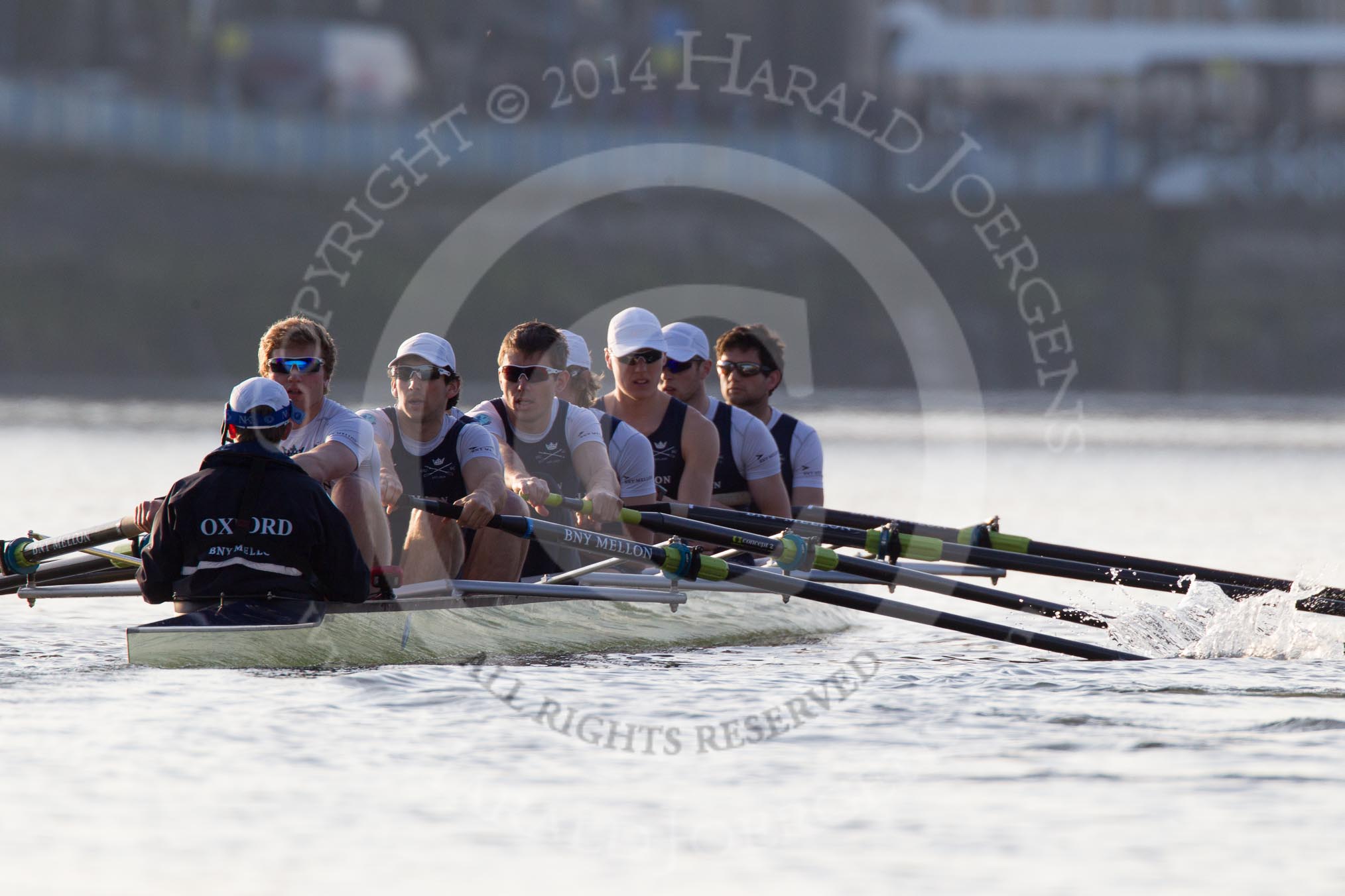 The Boat Race season 2014 - fixture OUBC vs German U23: The OUBC boat waiting under Putney Bridge: Cox Laurence Harvey, stroke Constantine Louloudis, 7 Sam O’Connor, 6 Michael Di Santo, 5 Malcolm Howard, 4 Thomas Swartz, 3 Karl Hudspith, 2 Chris Fairweather, bow Storm Uru..
River Thames between Putney Bridge and Chiswick Bridge,



on 08 March 2014 at 16:43, image #22