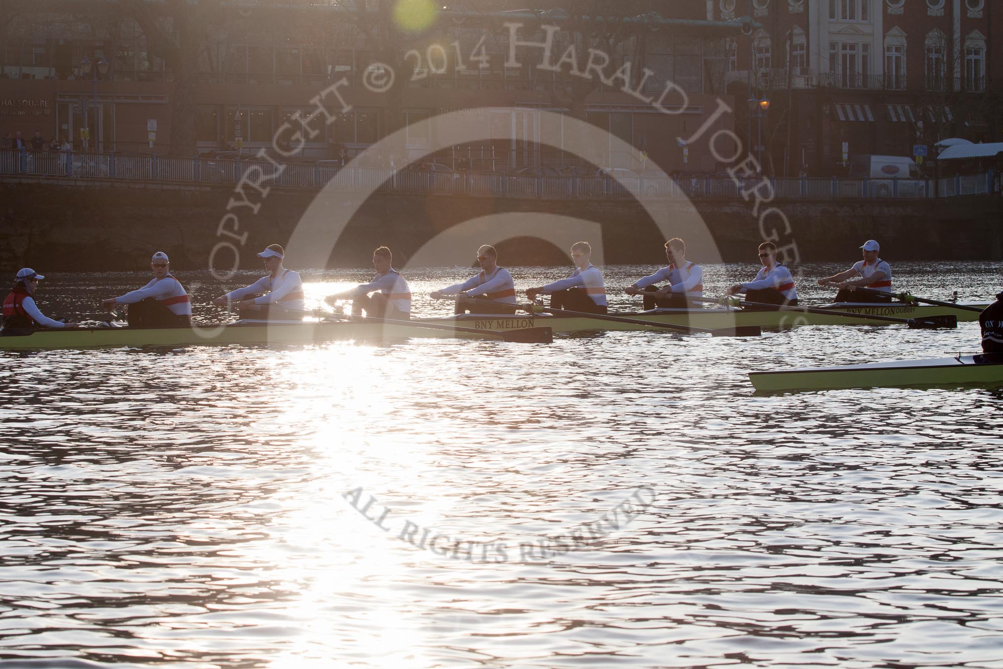 The Boat Race season 2014 - fixture OUBC vs German U23: The German U23-boat on the left, and the OUBC boat waiting for the start of the fixture..
River Thames between Putney Bridge and Chiswick Bridge,



on 08 March 2014 at 16:45, image #31