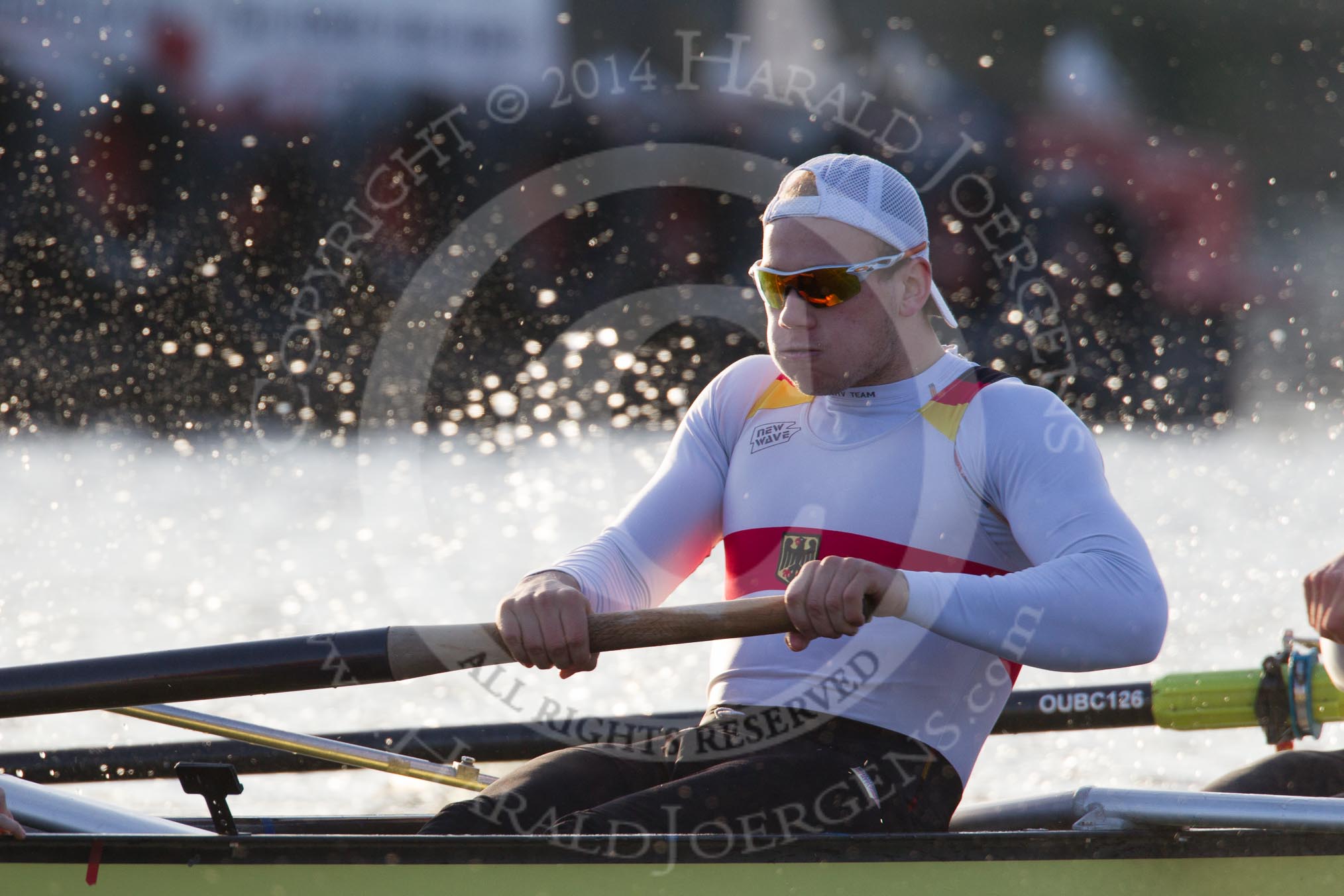 The Boat Race season 2014 - fixture OUBC vs German U23: The German U23-boat: Stroke Eike Kutzki..
River Thames between Putney Bridge and Chiswick Bridge,



on 08 March 2014 at 16:46, image #45