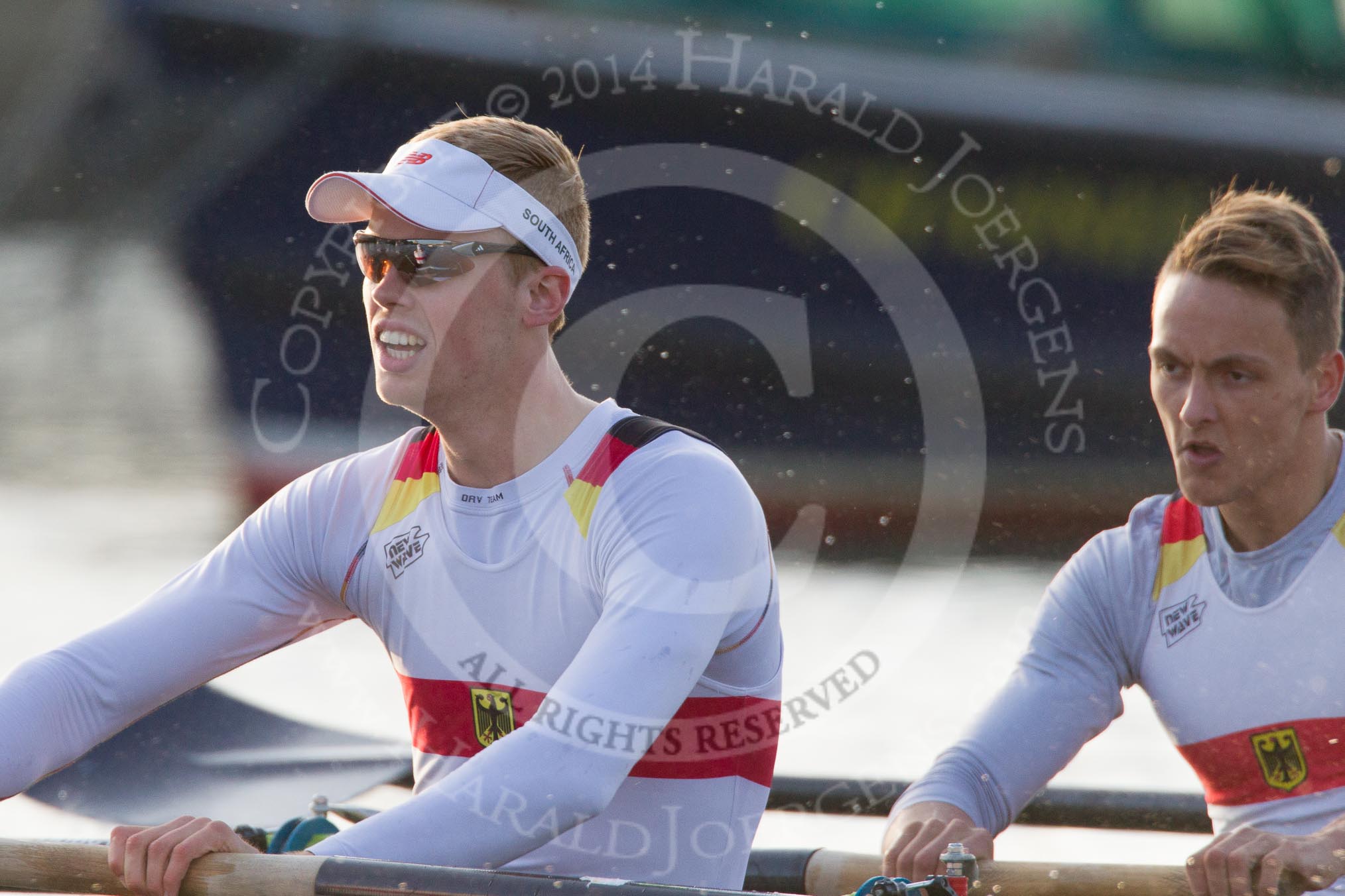 The Boat Race season 2014 - fixture OUBC vs German U23: The German U23-boat:  6 Arne Schwiethal, 5 Johannes Weissenfeld..
River Thames between Putney Bridge and Chiswick Bridge,



on 08 March 2014 at 16:46, image #46