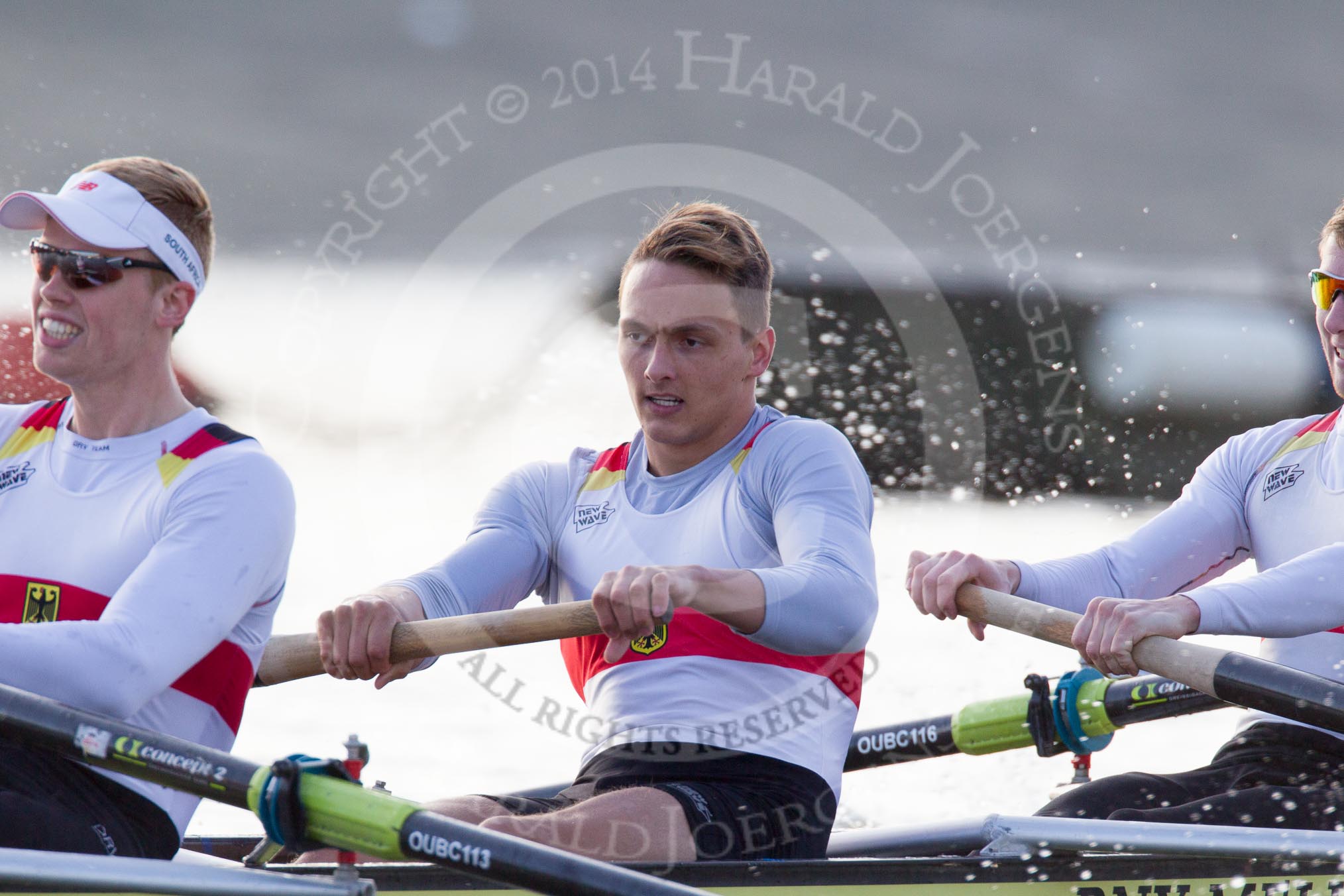 The Boat Race season 2014 - fixture OUBC vs German U23: The German U23-boat:  6 Arne Schwiethal, 5 Johannes Weissenfeld..
River Thames between Putney Bridge and Chiswick Bridge,



on 08 March 2014 at 16:46, image #47