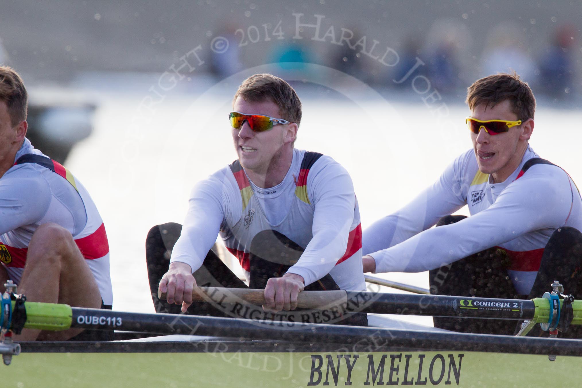 The Boat Race season 2014 - fixture OUBC vs German U23: The German U23-boat: 5 Johannes Weissenfeld, 4 Maximilian Korge..
River Thames between Putney Bridge and Chiswick Bridge,



on 08 March 2014 at 16:46, image #48