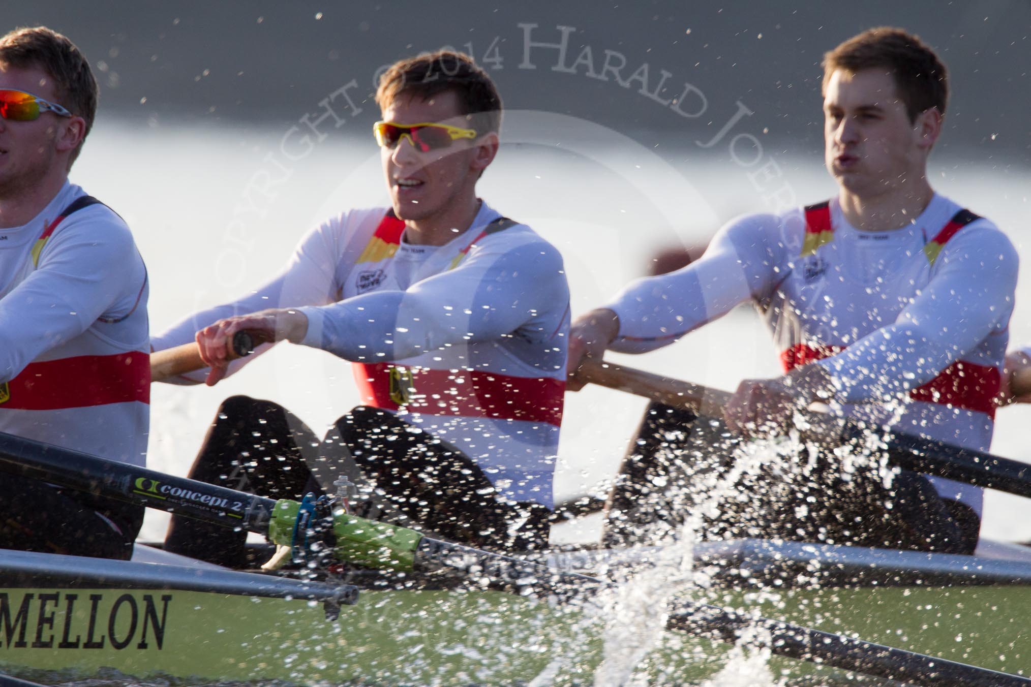 The Boat Race season 2014 - fixture OUBC vs German U23: The German U23-boat: 5 Johannes Weissenfeld, 4 Maximilian Korge, 3 Malte Daberkow..
River Thames between Putney Bridge and Chiswick Bridge,



on 08 March 2014 at 16:46, image #49