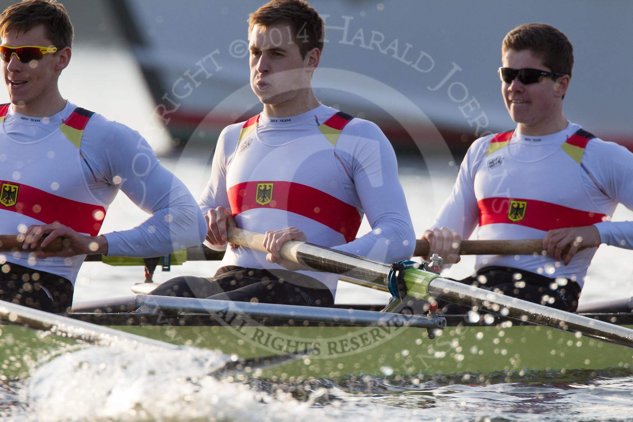 The Boat Race season 2014 - fixture OUBC vs German U23: The German U23-boat: 4 Maximilian Korge, 3 Malte Daberkow, 2 Finn Knuppel..
River Thames between Putney Bridge and Chiswick Bridge,



on 08 March 2014 at 16:46, image #50