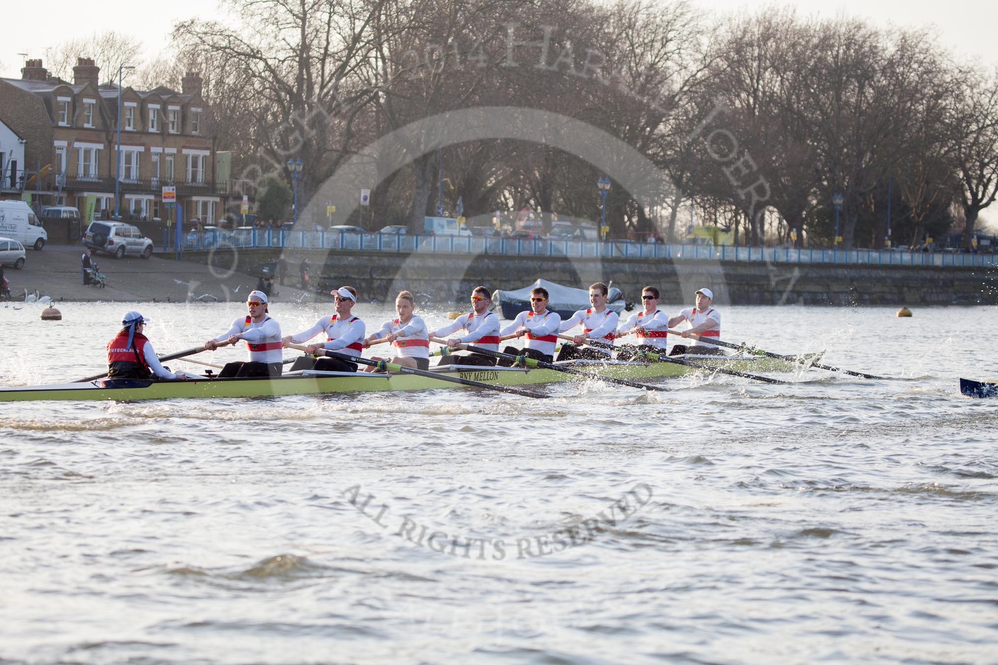 The Boat Race season 2014 - fixture OUBC vs German U23: The German U23-boat at the Putney boat houses..
River Thames between Putney Bridge and Chiswick Bridge,



on 08 March 2014 at 16:47, image #58
