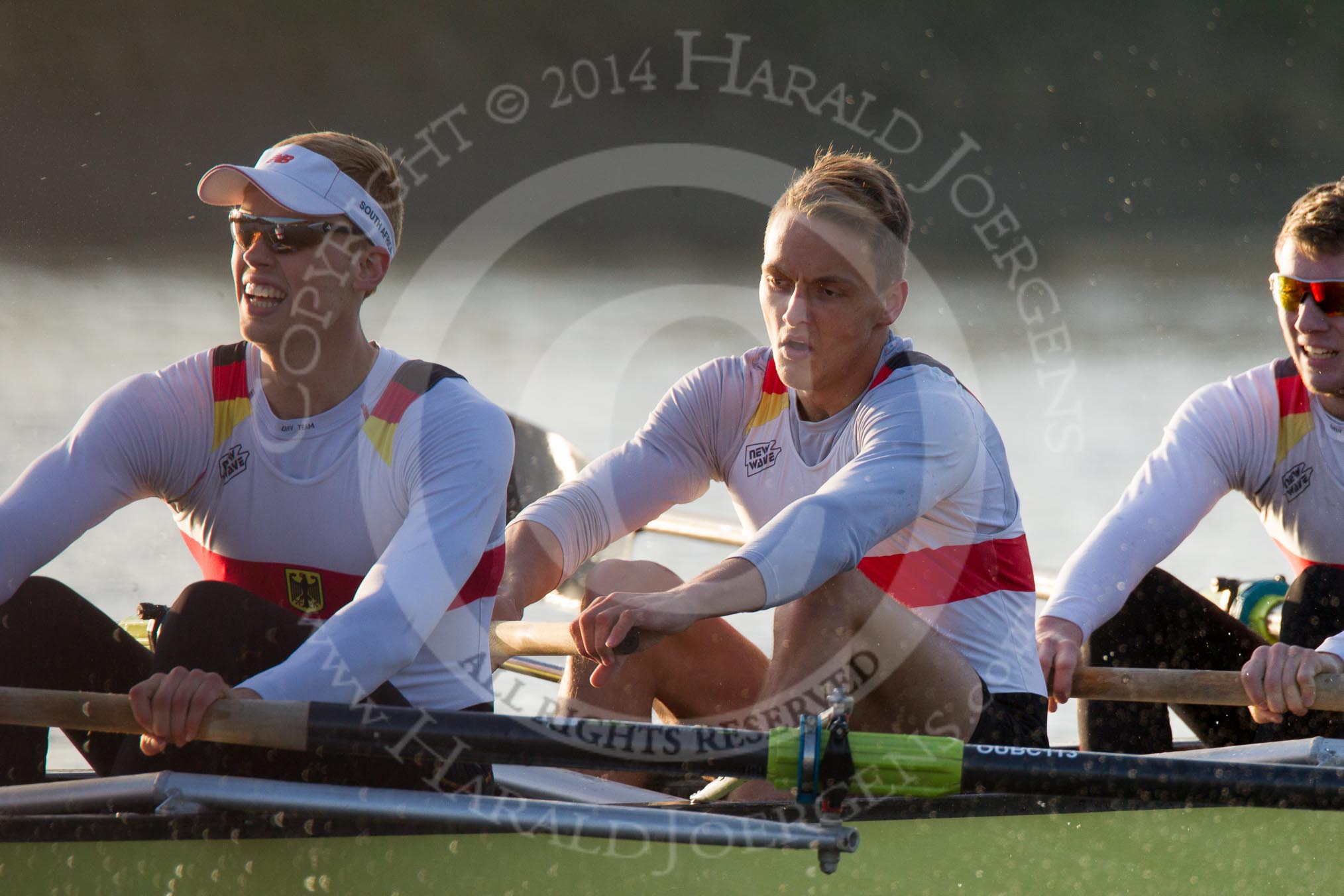 The Boat Race season 2014 - fixture OUBC vs German U23: The German U23-boat: 6 Arne Schwiethal, 5 Johannes Weissenfeld, 4 Maximilian Korge..
River Thames between Putney Bridge and Chiswick Bridge,



on 08 March 2014 at 16:48, image #64
