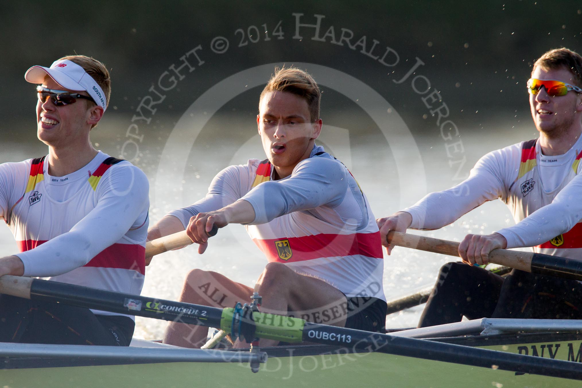 The Boat Race season 2014 - fixture OUBC vs German U23: The German U23-boat: 6 Arne Schwiethal, 5 Johannes Weissenfeld, 4 Maximilian Korge..
River Thames between Putney Bridge and Chiswick Bridge,



on 08 March 2014 at 16:48, image #66