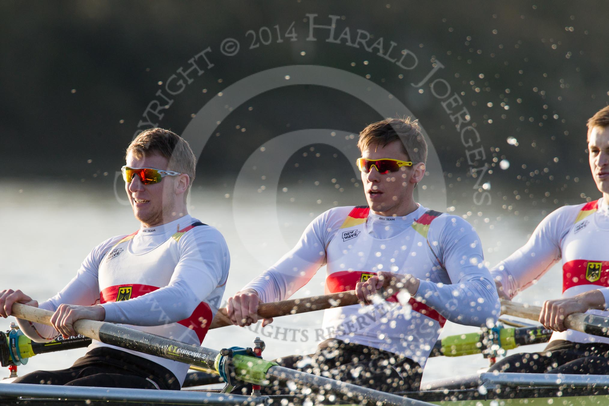 The Boat Race season 2014 - fixture OUBC vs German U23: The German U23-boat: 4 Maximilian Korge, 3 Malte Daberkow, 2 Finn Knuppel..
River Thames between Putney Bridge and Chiswick Bridge,



on 08 March 2014 at 16:48, image #68