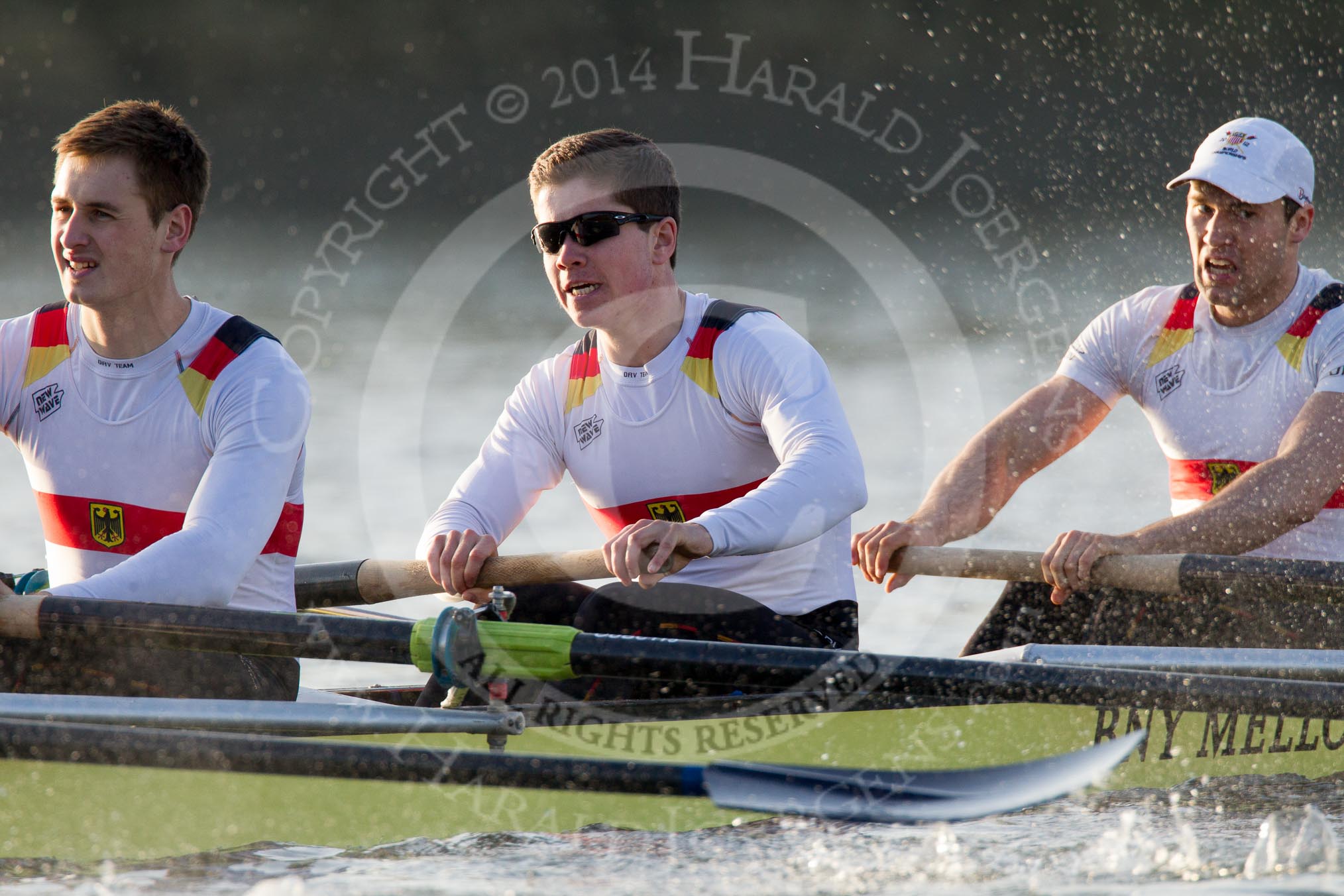 The Boat Race season 2014 - fixture OUBC vs German U23: The German U23-boat: 3 Malte Daberkow, 2 Finn Knuppel, bow Jonas Wiesen..
River Thames between Putney Bridge and Chiswick Bridge,



on 08 March 2014 at 16:48, image #81