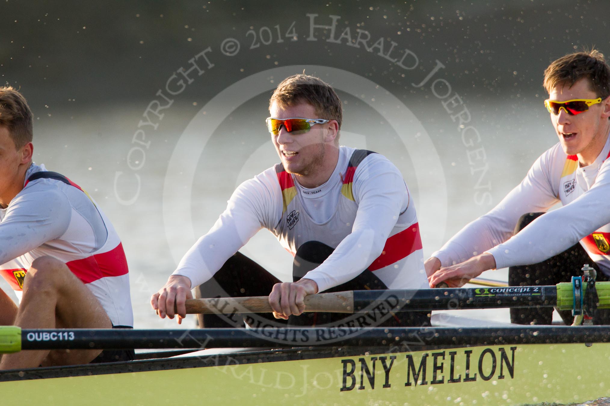 The Boat Race season 2014 - fixture OUBC vs German U23: The OUBC boat: 4 Thomas Swartz, 3 Karl Hudspith..
River Thames between Putney Bridge and Chiswick Bridge,



on 08 March 2014 at 16:48, image #84