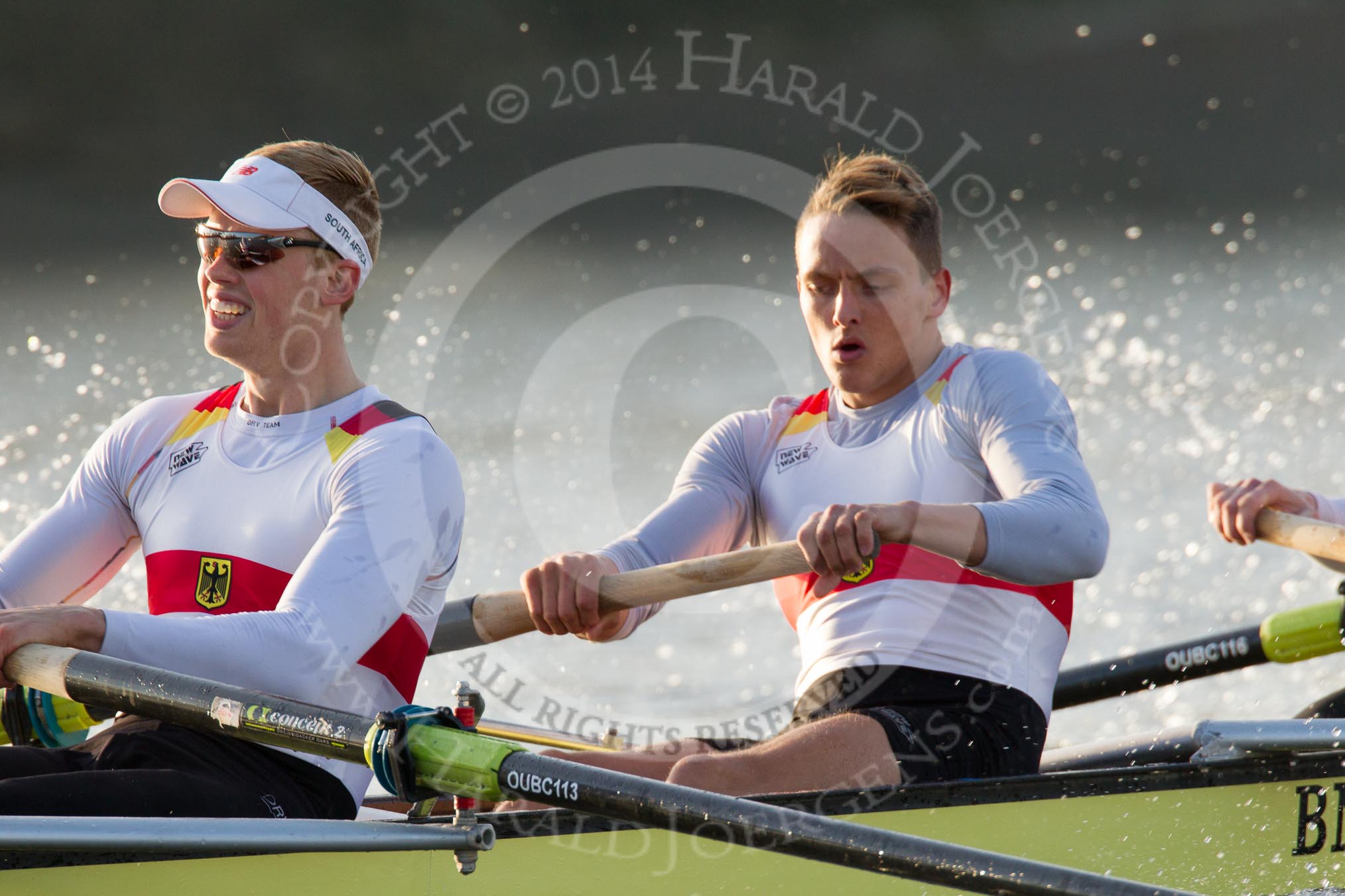 The Boat Race season 2014 - fixture OUBC vs German U23: The OUBC boat: 6 Arne Schwiethal, 5 Johannes Weissenfeld..
River Thames between Putney Bridge and Chiswick Bridge,



on 08 March 2014 at 16:48, image #85