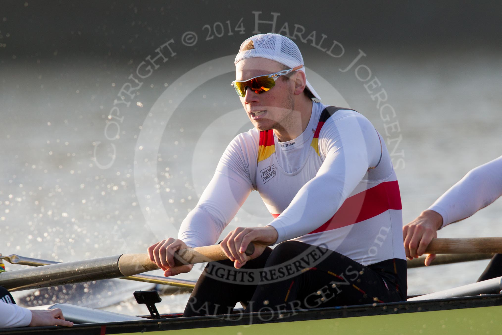 The Boat Race season 2014 - fixture OUBC vs German U23: The German U23-boat: Stroke Eike Kutzki..
River Thames between Putney Bridge and Chiswick Bridge,



on 08 March 2014 at 16:48, image #86
